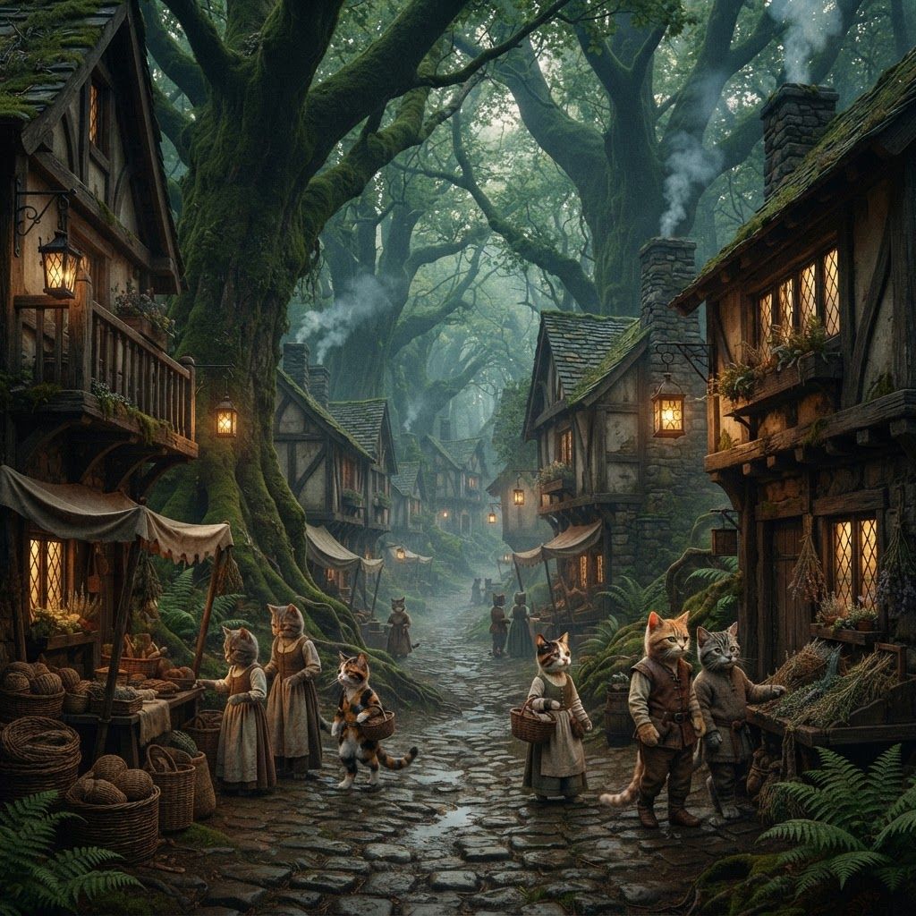 AI Design for 🌲 1. Elderwood Village
Photorealistic cinematic dark-fantasy film still of Elderwood Village, a peaceful medieval woodland settlement hidden among enormous ancient trees. Rustic timber-and-stone houses line a winding cobblestone street, with wooden balconies, flower boxes, hanging lanterns, little market stalls and moss growing naturally over old walls. Tall trees surround the village, their branches forming a canopy overhead. Warm golden lights glow from windows and doorways as evening mist settles between the buildings. A few distant cat villagers can be naturally present, but they are small background figures rather than the focus. Realistic wood, stone, foliage, atmospheric fog, natural imperfections, subtle film grain, realistic lighting, nostalgic fantasy atmosphere, like a still from a live-action dark-fantasy movie. No cartoon, no illustration, no anime, no 3D animation. Cats walking around with sinple mideval clothing