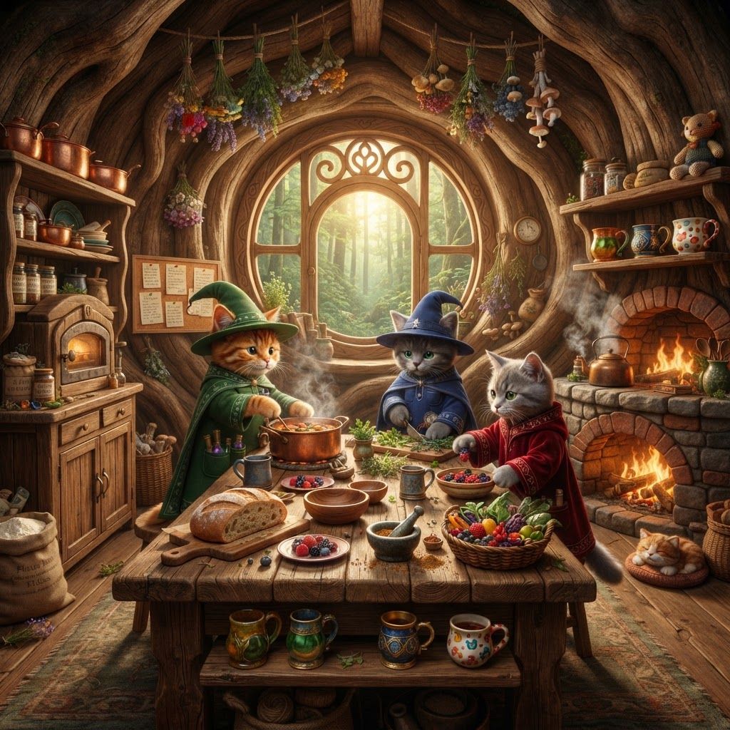 AI Design for HAHA, THE KITCHEN. 😭 We cannot have three wizards living in a giant magical tree and forget the place where they actually eat.
I'd put the kitchen between the lounge floor and the potion/brewing floor, so it feels like a natural communal area.
🍳 Wizard's Hollow Kitchen — Prompt
PHOTOREALISTIC LIVE-ACTION DARK-FANTASY FILM STILL. A beautiful, cozy communal kitchen inside the enormous ancient hollow tree of Wizard's Hollow, home to three bipedal cat wizards in Elderwood.
The kitchen is built directly into the curved interior of the living tree. The natural warm brown wood grain, knots, roots and curved walls remain visible, while beautiful muted green decorations, hanging herbs and wooden cabinetry give the room a rich woodland appearance.
The kitchen is spacious enough for several cats to comfortably move around, but still feels intimate and cozy. A large handcrafted wooden kitchen table occupies the center of the room, surrounded by mismatched wooden chairs and stools. The table has a loaf of freshly baked bread, wooden bowls, ceramic plates, fruit, herbs, mugs and a few unfinished meals.
Along the walls are wooden cabinets and shelves filled with copper pots, pans, ceramic dishes, wooden utensils, jars of spices, dried herbs, flour sacks and colorful fictional fruits and berries from Elderwood. Bundles of herbs hang from ceiling beams, alongside strings of dried flowers and little bunches of mushrooms.
A large rustic stone-and-brick cooking hearth sits against one wall, with a warm fire underneath a copper cooking pot. Another smaller oven is built into the tree's wooden structure. A kettle gently steams beside the fire.
Include little details showing that three different wizards share this kitchen. There are a few potion bottles and strange ingredients that clearly wandered over from the brewing room, scientific measuring cups and unusual containers belonging to Jonathan, neatly arranged herbs associated with Bartholomew, and Walthazar's collection of colorful fruits, books and cooking ingredients.
A small wooden shelf contains three personal mugs, each subtly different. One is warm amber and green, one is deep blue and gold, and one is red with a slightly ridiculous decorative design.
A large rounded window carved into the tree looks out over the lush Elderwood forest. Morning sunlight filters through the leaves and illuminates the kitchen with soft golden light.
Add several cute handmade fantasy details: a tiny stuffed creature sitting on a shelf, a sleeping cat-sized cushion near the hearth, little wooden spoons hanging from hooks, a basket of fresh forest produce and a handwritten recipe pinned beside the oven.
The kitchen should feel warm, lived-in, slightly cluttered, wholesome and magical, like the three wizards actually cook breakfast here every morning rather than it being a decorative fantasy set.
Photorealistic live-action dark-fantasy cinematography, realistic feline-world architecture, detailed natural wood, stone, copper, ceramic, fabric, food and plants, realistic firelight and steam, physically believable materials, natural morning lighting, subtle film grain, cinematic depth of field, rich environmental detail.
NO cartoon, NO illustration, NO anime, NO children's-book style, NO 3D animation, NO modern appliances, NO stainless-steel kitchen, NO human characters with all the cats working together to make wonderful meals and don't take off any of their clothing keep their designs as is cooking and enjoying so food
