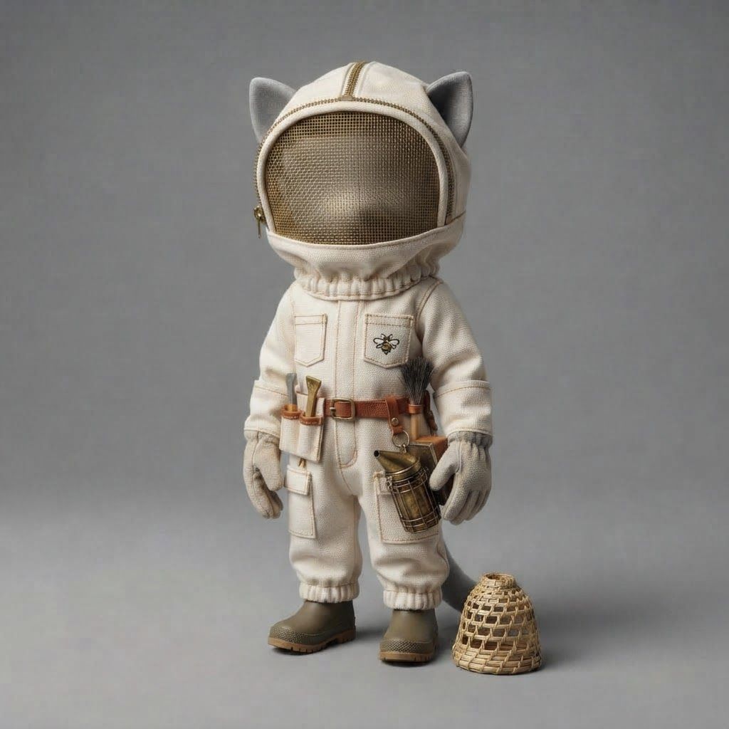 AI Design for I am writing a cat fantasy series and this is a mannequin for a cat clothes base so design and outfit for a beekeeper on this mannequin thank you very much