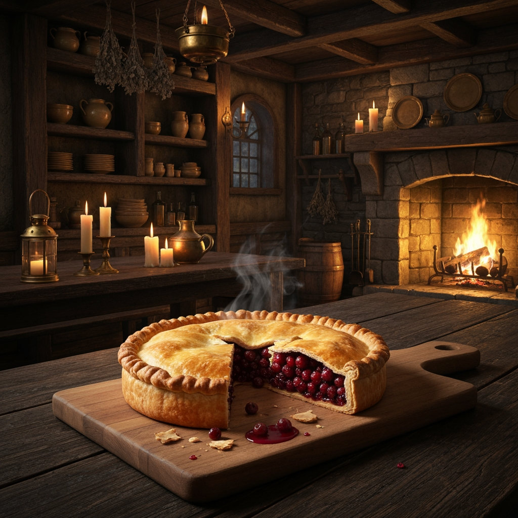 AI Design for 🥧 Example — Thornberry Pie
A rustic Thornberry Pie sits on a heavy wooden serving board. It has a beautifully baked golden-brown flaky crust with slightly uneven handmade edges. Several dark ruby-red Thornberries are visible through a small opening in the crust, with glossy berry filling bubbling gently underneath. A little steam rises from the freshly baked pie. A few crumbs and tiny drops of berry filling sit naturally on the wooden board.
The pie should look extremely appetizing and freshly baked, with realistic pastry layers, glossy fruit filling and warm golden highlights from the fireplace.🍽️ Master Elderwood Tavern Style
Put this at the very beginning of every prompt:
Photorealistic cinematic dark-fantasy food photography inside a cozy medieval woodland tavern in Elderwood. This is a real, physically believable tavern, not an illustration. The interior has aged dark wooden tables, rough stone walls, exposed wooden beams, shelves filled with ceramic dishes and bottles, hanging dried herbs, candles, brass lanterns, and a large stone fireplace. Warm amber firelight and candlelight illuminate the room, creating soft realistic shadows and highlights, while the corners of the tavern remain naturally darker and atmospheric. The scene feels warm, rustic, lived-in and slightly mysterious, like a still frame from a high-budget live-action dark-fantasy film. Realistic materials, realistic food textures, natural imperfections, subtle cinematic film grain, shallow depth of field.
Then add:
The food is the clear centerpiece of the image. It must look genuinely delicious, freshly prepared, warm, edible and appetizing, with realistic textures, steam, moisture, crumbs, sauces and natural imperfections. It should look like real medieval cuisine with fantastical ingredients—not cartoon food, not toy-like food, not plastic, not an illustration. How to catch chef that just finished making your meal and he's looking at you to see if you like it