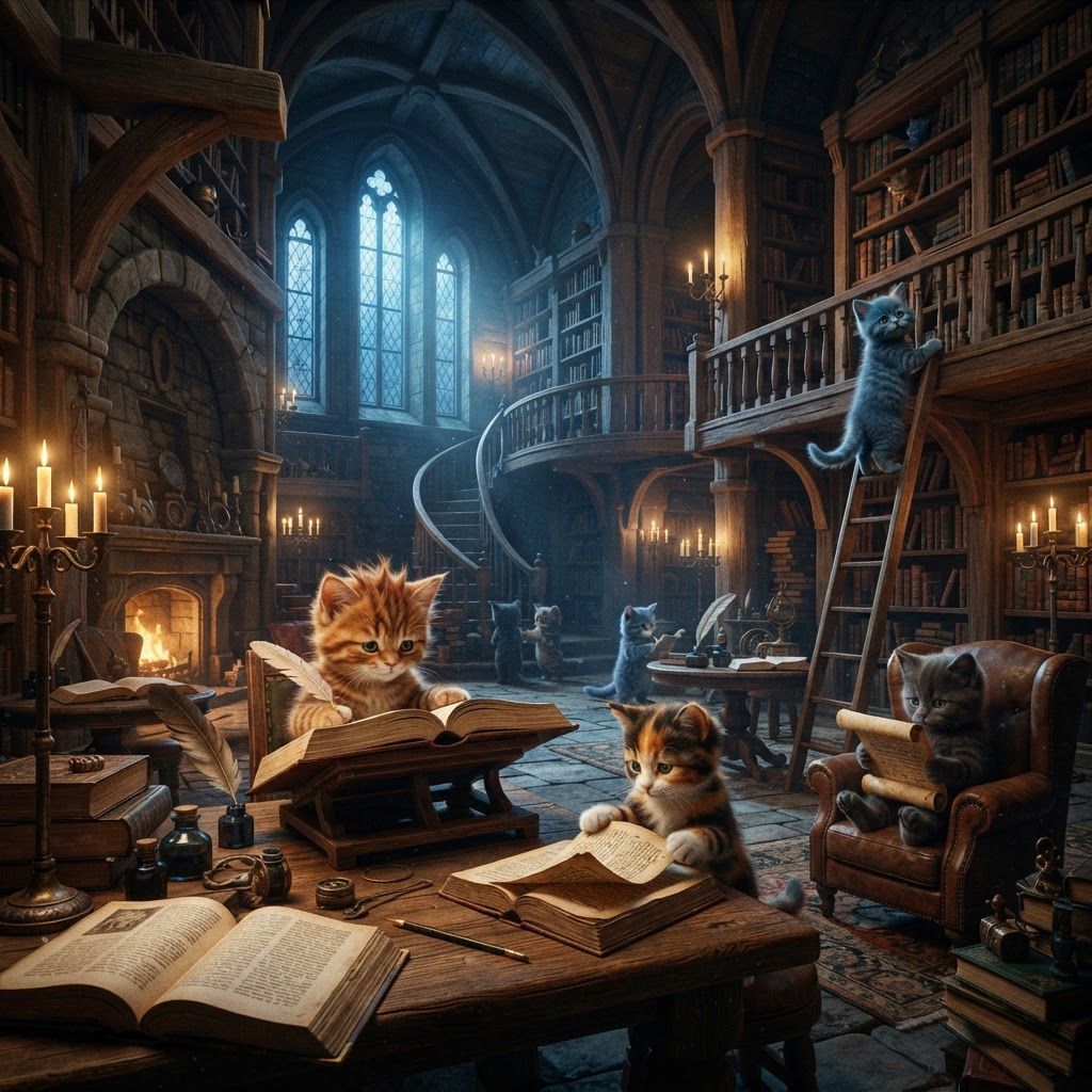 AI Design for 📚 4. Elderwood Archive
Photorealistic cinematic dark-fantasy interior of the ancient Elderwood Archive. An enormous medieval library built inside an old stone-and-timber structure surrounded by giant trees. Towering wooden bookshelves reach toward the ceiling, filled with ancient books, scrolls, maps and handwritten manuscripts. Narrow wooden balconies and ladders connect different levels. Warm candles and fireplaces illuminate the archive with golden light while cool blue moonlight enters through tall windows. Dust particles drift naturally through the beams of light. Tables contain open books, quills, ink bottles, maps and strange historical artifacts. A few distant cat librarians quietly work among the shelves. Realistic architecture and materials, cinematic depth of field, moody dark-fantasy lighting, subtle film grain, mysterious but cozy, like a high-budget live-action fantasy film. No cartoon, no illustration CATS ARED READING BOOKS