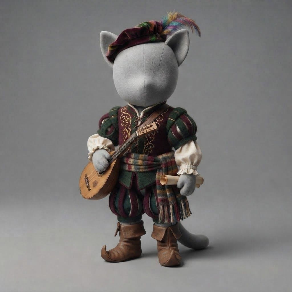 AI Design for I'm running a cat fantasy series and I was thinking of doing outfit variants on a mannequin so design like a musician outfit and make it all pretty medieval