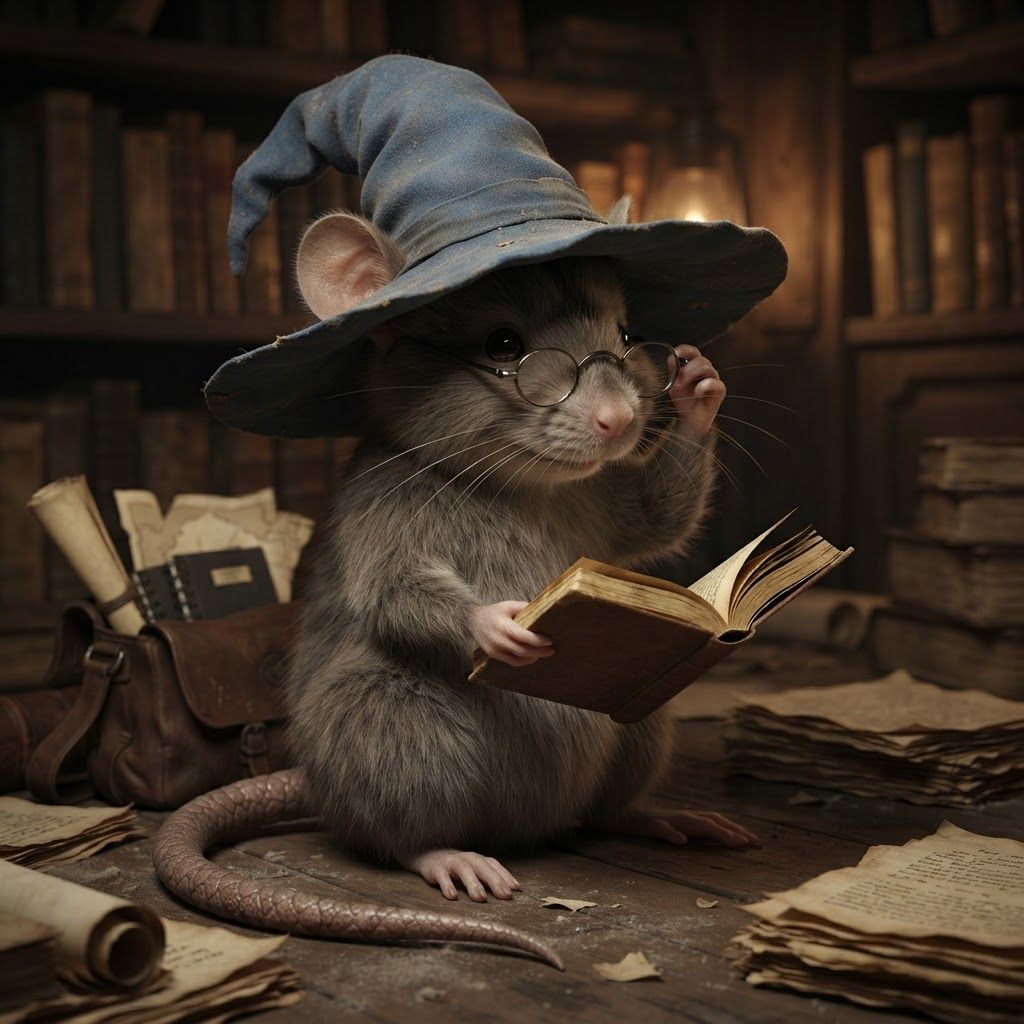 AI Design for Make this mouse character b and the particular style of this other image put him in the same position and remove the book on top of his head making more of him like a realistic Mouse and have some fun with it