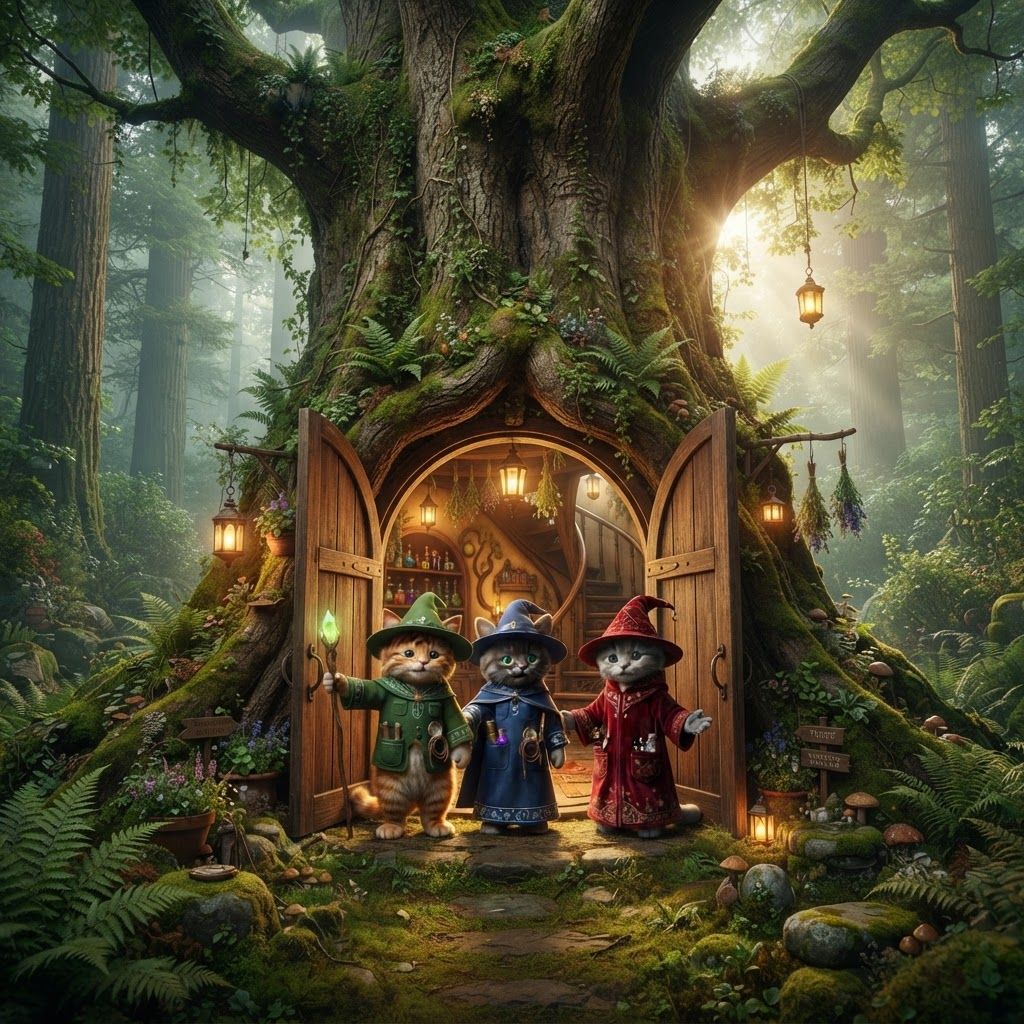 AI Design for Absolutely — this should be the welcoming establishing shot for the whole Wizard's Hollow tour. I'd make the cats feel genuinely friendly rather than posed.
🌳 Wizard's Hollow — The Welcome
> PHOTOREALISTIC LIVE-ACTION DARK-FANTASY FILM STILL. A cinematic exterior view of Wizard's Hollow, an enormous ancient hollow tree standing deep within the lush Elderwood forest.
The gigantic tree has a thick, beautifully textured trunk covered in moss, vines, ferns and small woodland plants. At its base is a magnificent set of large double wooden doors, naturally built into the hollow of the tree. Warm golden light spills from the open doorway onto the mossy forest floor.
The double doors are open toward the viewer, and standing in the doorway are the three bipedal cat wizards who live inside:
Walthazar Embermane — a small orange tabby cat with realistic soft fur, dark reddish-brown tabby stripes, distinctive colored ear tips, expressive green eyes and his recognizable floppy pointed wizard hat. He is smiling warmly and holding one of the doors open.
Jonathan Bartle Gergenrath — a bipedal cat wearing his elegant deep-blue wizard robe, with his yellow magical crystal visible. He stands beside Walthazar with a friendly smile, welcoming the visitor.
Bartholomew Crumpet — a gray bipedal cat wearing his distinctive red wizard robe, with his green crystal visible. He stands on the other side of the doorway, smiling warmly and gesturing invitingly toward the interior.
All three cats are clearly anthropomorphic and bipedal, standing upright naturally on two legs with realistic feline anatomy, paws, tails, whiskers and detailed fur. They are not humans with cat heads. Their expressions should be genuinely friendly and welcoming, like they're greeting a guest who has just arrived at their home.
Through the open doors, the beautiful interior of Wizard's Hollow can be partially seen: warm lanterns, wooden shelves full of potion bottles, hanging herbs, books, curved tree walls and the beginning of the magnificent spiral staircase.
Around the entrance are little details that make the tree feel inhabited: glowing lanterns hanging from branches, potted plants, mushrooms, moss-covered stones, tiny wooden signs, hanging herbs and small magical decorations.
The surrounding Elderwood forest is rich, enormous and lush, with towering trees, dense foliage, ferns, bushes and soft morning mist. Sunlight filters through the canopy behind the wizards, creating beautiful natural rays through the leaves.
The overall composition should feel like the viewer has just arrived at Wizard's Hollow and the three wizards have opened the door to welcome them inside.
High-budget live-action dark-fantasy cinematography, photorealistic realistic cat fur, believable bipedal feline anatomy, extremely detailed ancient tree bark, realistic moss and foliage, physically accurate wood and fabric, natural sunlight, warm practical lantern light, cinematic depth of field, atmospheric forest haze, subtle film grain, realistic shadows and reflections.
NO cartoon, NO illustration, NO anime, NO children's-book art, NO 3D animation, NO plastic-looking fur, NO human bodies with cat heads, NO modern objects, NO exaggerated glowing magic.