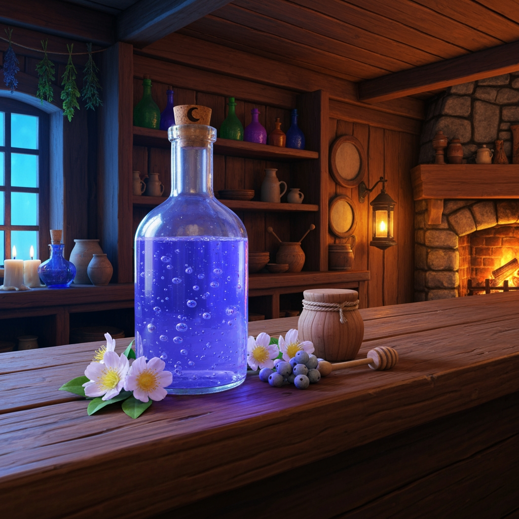 AI Design for 🍹 1. Moonmelt Tonic
Create a realistic cinematic fantasy still-life inside the Bushwhack Tavern in Elderwood. On a beautifully worn wooden tavern counter sits a glass bottle of Moonmelt Tonic, filled with vivid blue-violet liquid that looks physically believable, with translucent liquid, realistic glass reflections, tiny suspended silver particles and subtle natural bubbles. The bottle is handmade and slightly imperfect, with a cork stopper decorated with a tiny crescent-moon carving.
Beside the bottle are realistic Moonmelt Blossoms, Silverdew Berries and a small wooden honey jar, arranged naturally as the ingredients. Behind the counter are wooden shelves containing other colorful bottles, ceramic mugs, herbs hanging from beams and softly glowing lanterns. A stone fireplace casts warm orange light across the tavern while cooler blue light enters through a nearby window.
The environment should feel real and tangible, with physically believable wood grain, glass, liquid refraction, fabric, stone, candlelight and shadows. The fantasy elements should feel naturally integrated into the world rather than looking like cartoon objects.
Flavor: sweet honey, soft berries and a delicate floral finish.
Effect: helps travelers remain alert during long nighttime journeys.
Visual style: realistic medieval woodland fantasy, cinematic photography, natural textures, realistic lighting, vibrant but believable colors, shallow atmospheric depth, handcrafted Elderwood aesthetic, beautiful and nostalgic, no characters, drink prominently centered and completely visible. But here is the thing make it like a realistic a glass bottle from the medieval era like a cat Tavern this is very important and make you like hyper realistic here's a thing hyper realism okay okay okay okay
