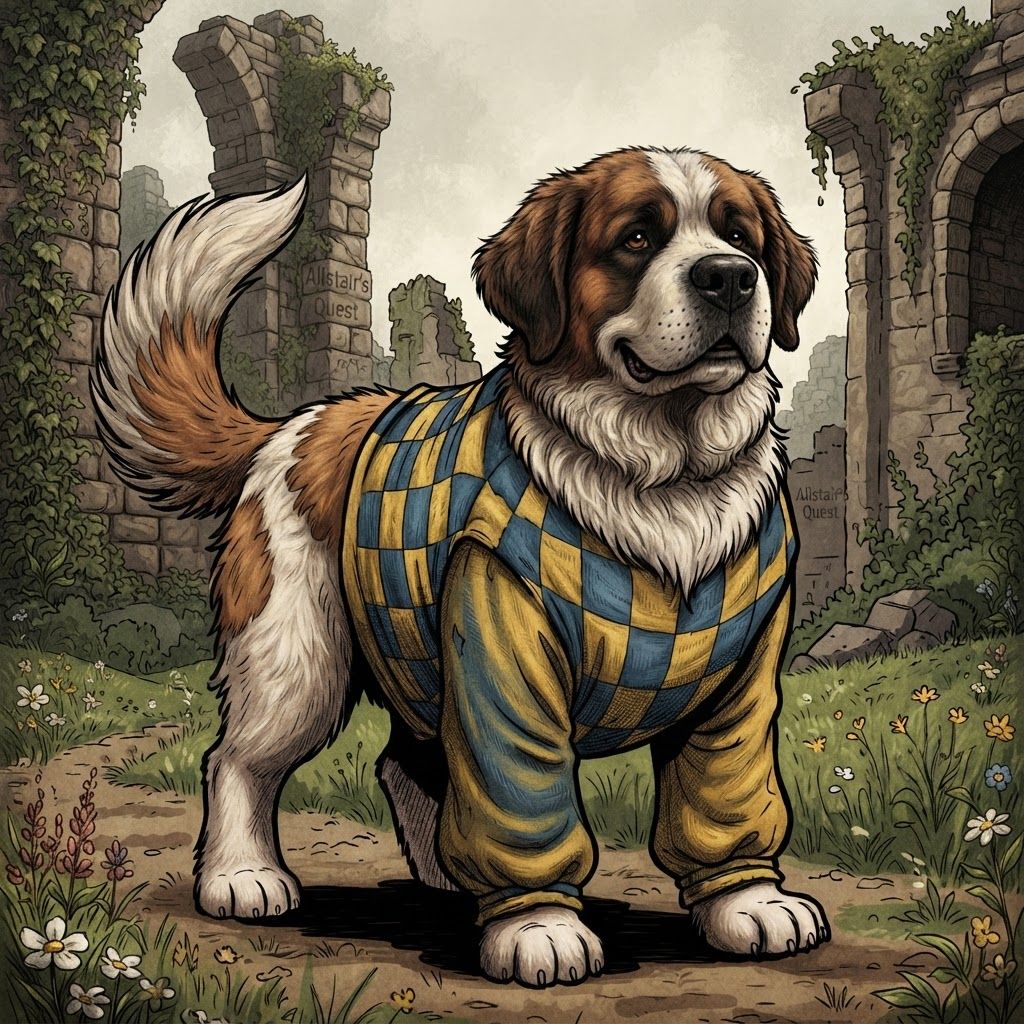 AI Design for Make this dog  character b and the particular style of this other image put him in the same position and remove the book on top of his head making more of him like a realistic dog and have some fun with it take the other reference photo simply as a guide on how the drawing should feel but use the image of the dog with the pose the design and everything else in between