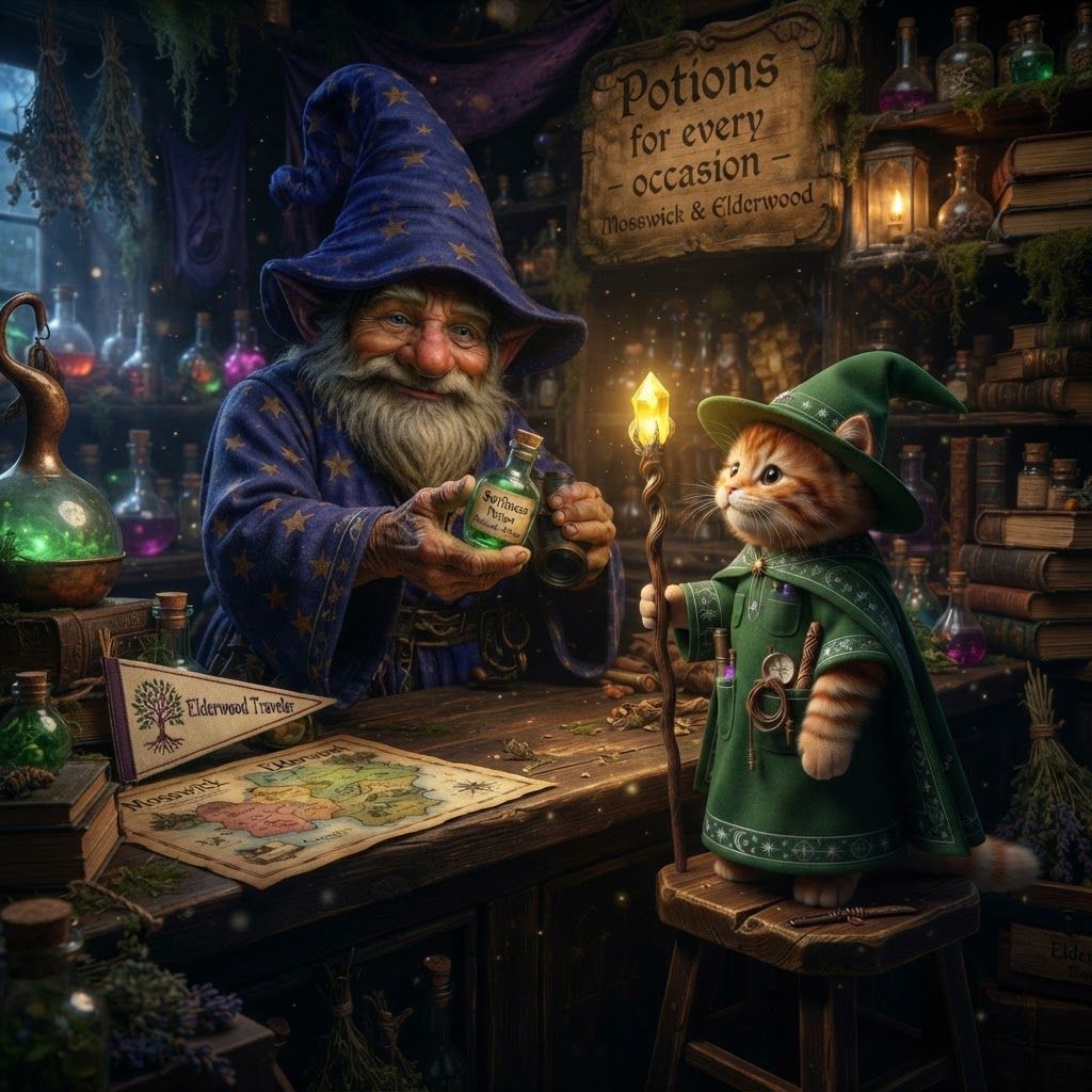 AI Design for Make these two fictional characters meet up the first one is a cat Wizard and the other one is a gnome wizard that sells potions the gnome is from a region named mosswick and the cat is from elderwood