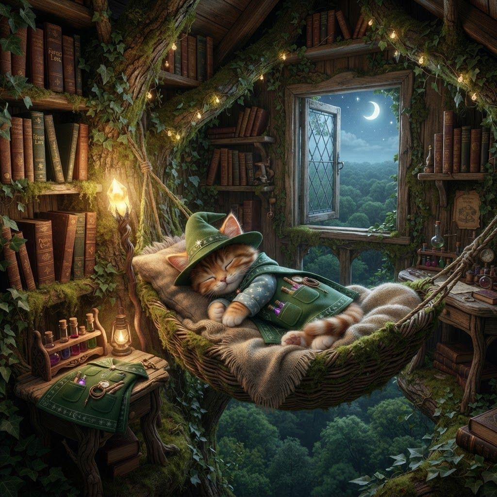 AI Design for 🌳 Greatwood Treehouse — wooden bedroom high among the branches, with a window overlooking the forest. Cat fantasy obviously like a bedroom that has like a hammock or something with this wizard cat sleeping I was like mossy and book shelves everywhere and this wizard like puts down his staff finally and he rest while he counts as potion bottles or something