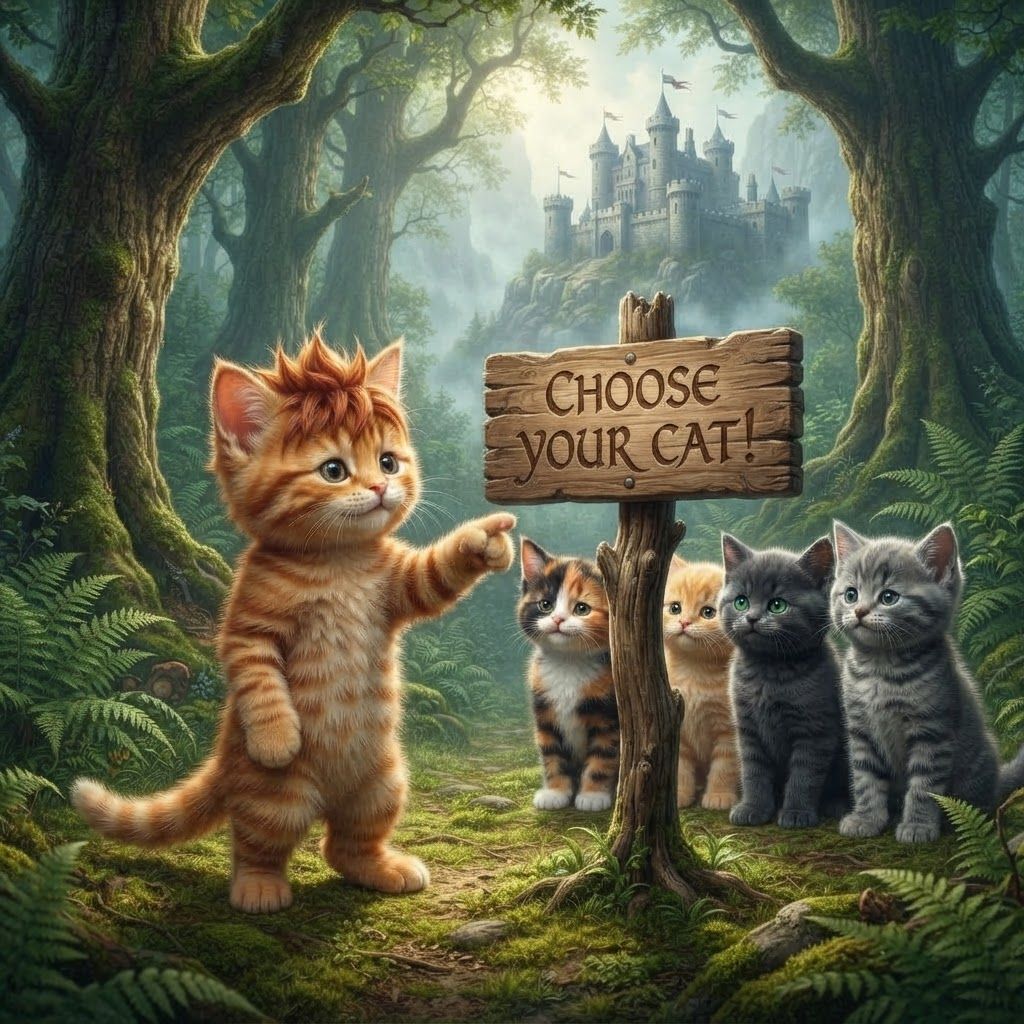 AI Design for So make these cats be in a fictional Forest with the castle and assigned it says choose your cat with the orange tabby ginger CAD with the brown stripes be like in the focus and he's pointing to the sign of his finger
