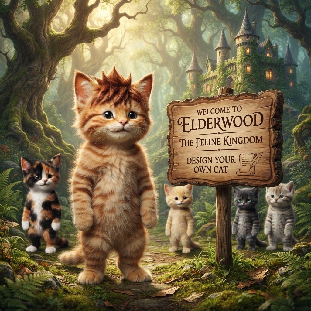 AI Design for All right do this cat and it's group holding a sign like design your own cat fantasy series like like welcome to cat like the feline Kingdom and then it's like design your own cat and it should be like this forest with castles and stuff like that and it's a sign that says welcome to elderwood the feline Kingdom or the feline Forest okay and it's like design your own cat we don't overdo the design make it kind of like a simple design you don't over complicated and don't make any of the cats actually hold it just just make them be like background fantasy characters with the main focus being on the tabby cat the one with the brown stripes
