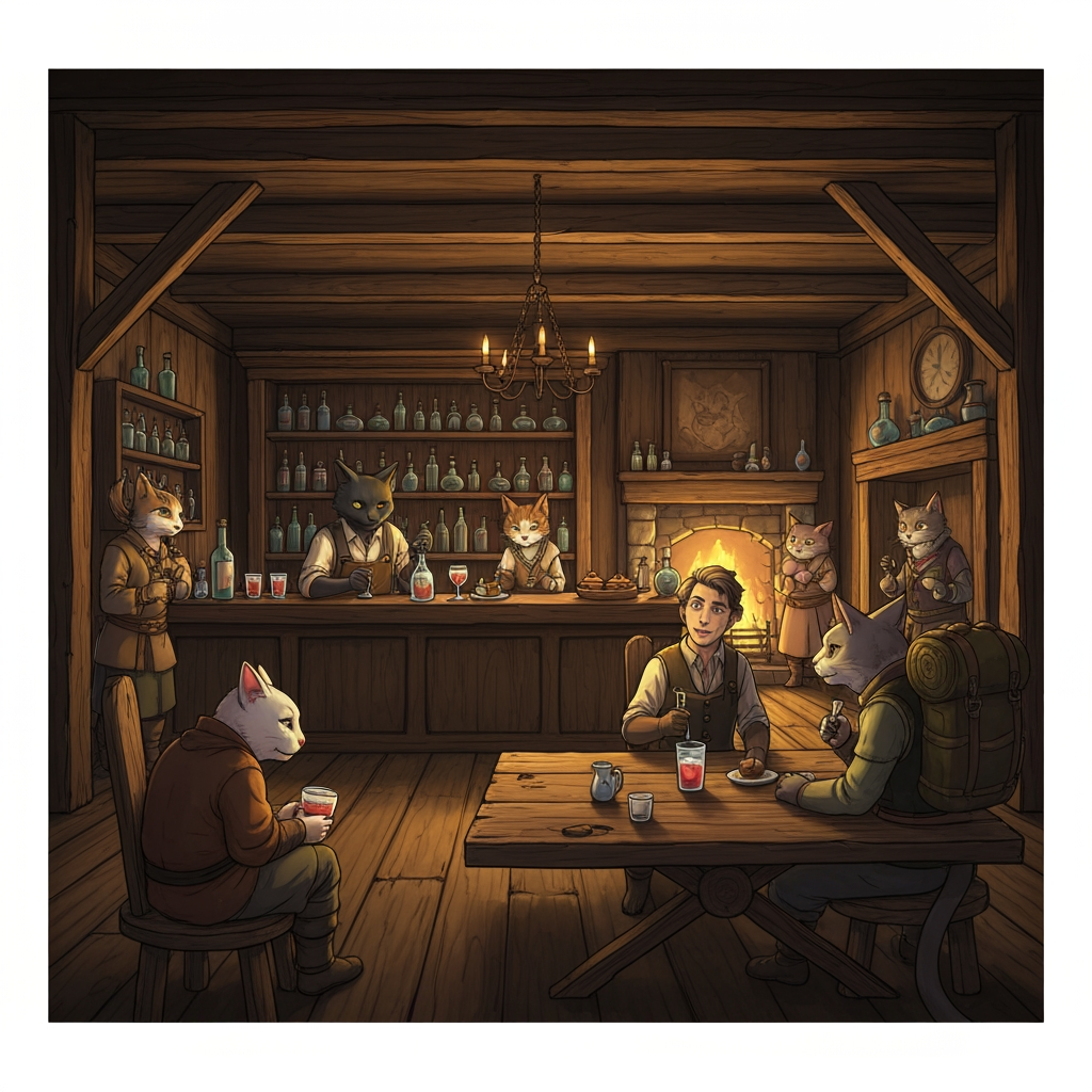 AI Design for Cat fantasy series with tavern bar cat serving you potion named thornberry fizz