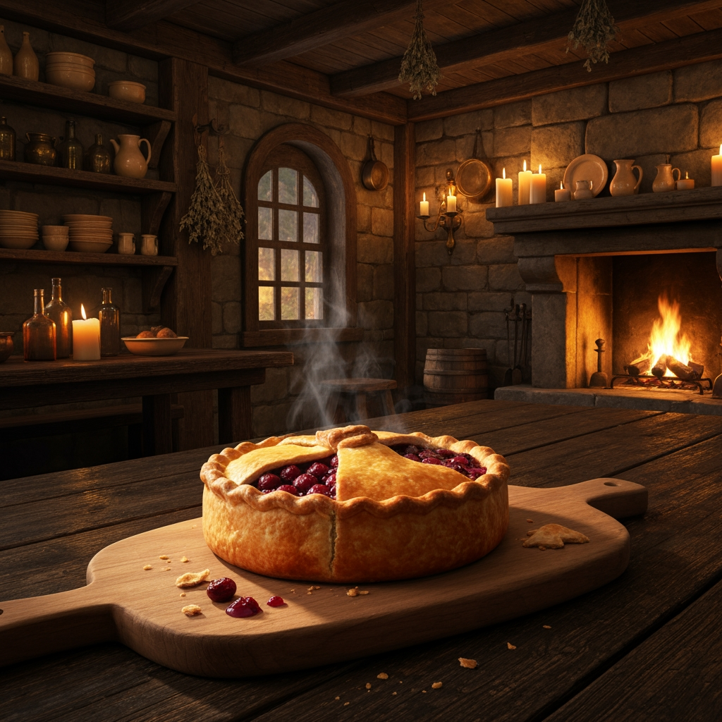 AI Design for 🥧 Example — Thornberry Pie
A rustic Thornberry Pie sits on a heavy wooden serving board. It has a beautifully baked golden-brown flaky crust with slightly uneven handmade edges. Several dark ruby-red Thornberries are visible through a small opening in the crust, with glossy berry filling bubbling gently underneath. A little steam rises from the freshly baked pie. A few crumbs and tiny drops of berry filling sit naturally on the wooden board.
The pie should look extremely appetizing and freshly baked, with realistic pastry layers, glossy fruit filling and warm golden highlights from the fireplace.🍽️ Master Elderwood Tavern Style
Put this at the very beginning of every prompt:
Photorealistic cinematic dark-fantasy food photography inside a cozy medieval woodland tavern in Elderwood. This is a real, physically believable tavern, not an illustration. The interior has aged dark wooden tables, rough stone walls, exposed wooden beams, shelves filled with ceramic dishes and bottles, hanging dried herbs, candles, brass lanterns, and a large stone fireplace. Warm amber firelight and candlelight illuminate the room, creating soft realistic shadows and highlights, while the corners of the tavern remain naturally darker and atmospheric. The scene feels warm, rustic, lived-in and slightly mysterious, like a still frame from a high-budget live-action dark-fantasy film. Realistic materials, realistic food textures, natural imperfections, subtle cinematic film grain, shallow depth of field.
Then add:
The food is the clear centerpiece of the image. It must look genuinely delicious, freshly prepared, warm, edible and appetizing, with realistic textures, steam, moisture, crumbs, sauces and natural imperfections. It should look like real medieval cuisine with fantastical ingredients—not cartoon food, not toy-like food, not plastic, not an illustration. How to catch chef that just finished making your meal and he's looking at you to see if you like it a bipedal cat chef but he's not too like slim and Slender he's that perfect balance to like tall and slightly more chubby so make sure to add the cat understand the cat should be any color you like just a cat chef wearing this like medieval cat kitchen cat cat cat cat cat cat