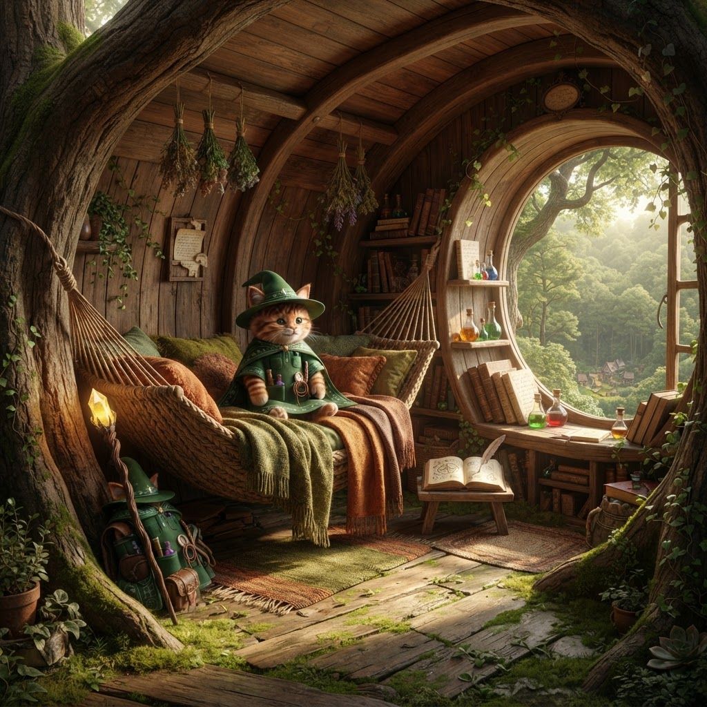 AI Design for 🌿 Walthazar Embermane's Bedroom
Walthazar's bedroom is tucked away on the top floor of Wizard's Hollow, inside the upper part of the enormous hollow tree. The room is spacious enough to move around comfortably, but its curved wooden walls and relatively low ceiling give it that snug, enclosed feeling—like a little private nest high above Elderwood.
One side of the room opens into a large rounded window built into the tree, overlooking the forest canopy. From the window, Walthazar can see enormous treetops stretching across Elderwood, with little glimpses of the village far below. During the day, soft sunlight filters through the leaves; at night, moonlight spills across the wooden floor.
His bed isn't a conventional bed. Instead, he has a large, sturdy hammock suspended between two thick sections of the tree's interior, piled with soft blankets and pillows. It hangs slightly above the floor, giving the room a relaxed, almost treehouse-like feeling.
The floor itself is very low and close to the ground, covered with worn wooden boards, small rugs and patches of naturally growing moss around the edges. The moss makes the room feel as though the forest has slowly become part of his home.
Books are everywhere. Stacks of old spellbooks, handwritten journals and battered fantasy books sit beside the hammock, on shelves carved directly into the tree and on little wooden tables. Some are neatly arranged while others have been left open as though Walthazar was reading them moments ago.
Small shelves and cabinets contain colorful potion bottles, glass flasks, jars of ingredients and strange little containers. Some contain liquids in amber, green, blue and reddish-orange shades. A few bottles sit on the windowsill where the sunlight catches them.
There are also bundles of herbs, leaves and dried plants hanging from wooden pegs and ceiling beams. Small potted plants occupy corners of the room, with vines occasionally creeping along the curved walls.
Walthazar's Embermane colors subtly appear throughout the room—warm oranges, reddish browns, earthy greens and natural wood—without making everything match perfectly.
The whole bedroom feels personal, peaceful and slightly cluttered, like a wizard's private hideaway rather than a formal magical chamber. It's a place where Walthazar can read, brew potions, watch the forest, curl up in his hammock and simply relax after wandering around Elderwood all day.
Cozy, spacious-but-snug, natural, warm, slightly rustic, and completely integrated into the living tree. 🌳🧙♂️