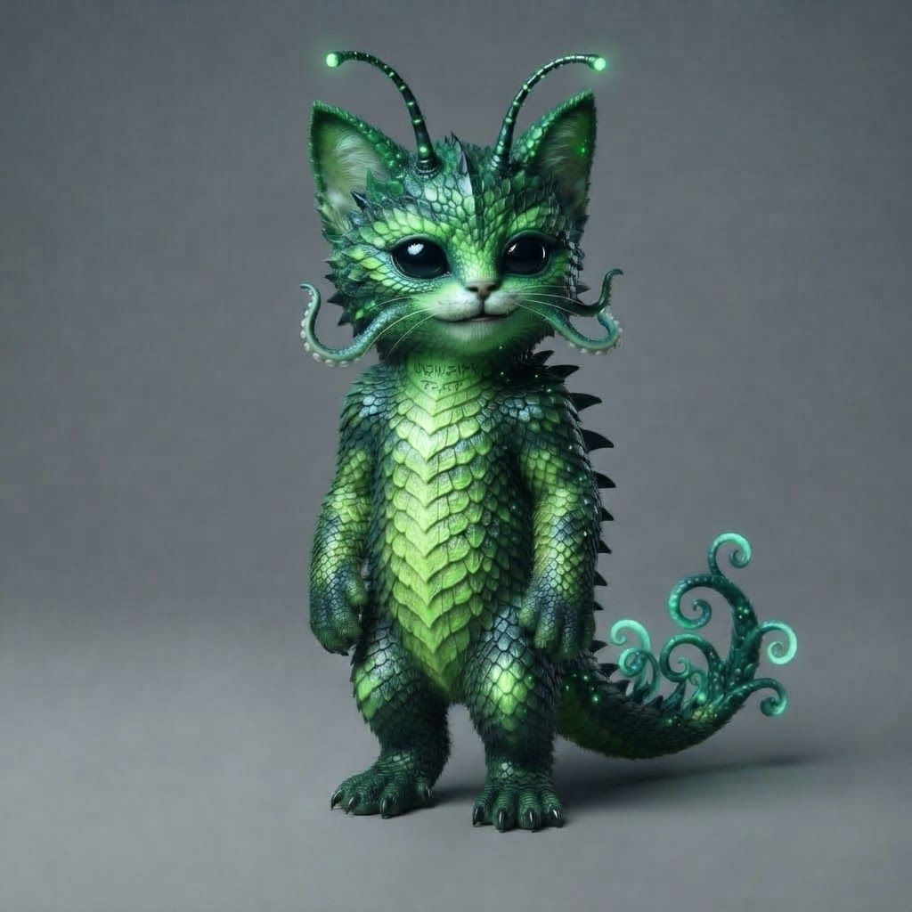 AI Design for All right use this design template as a base for alien cat that is like green it has like completely black eyes with white tint and like give him antennas tentacles and just funny features