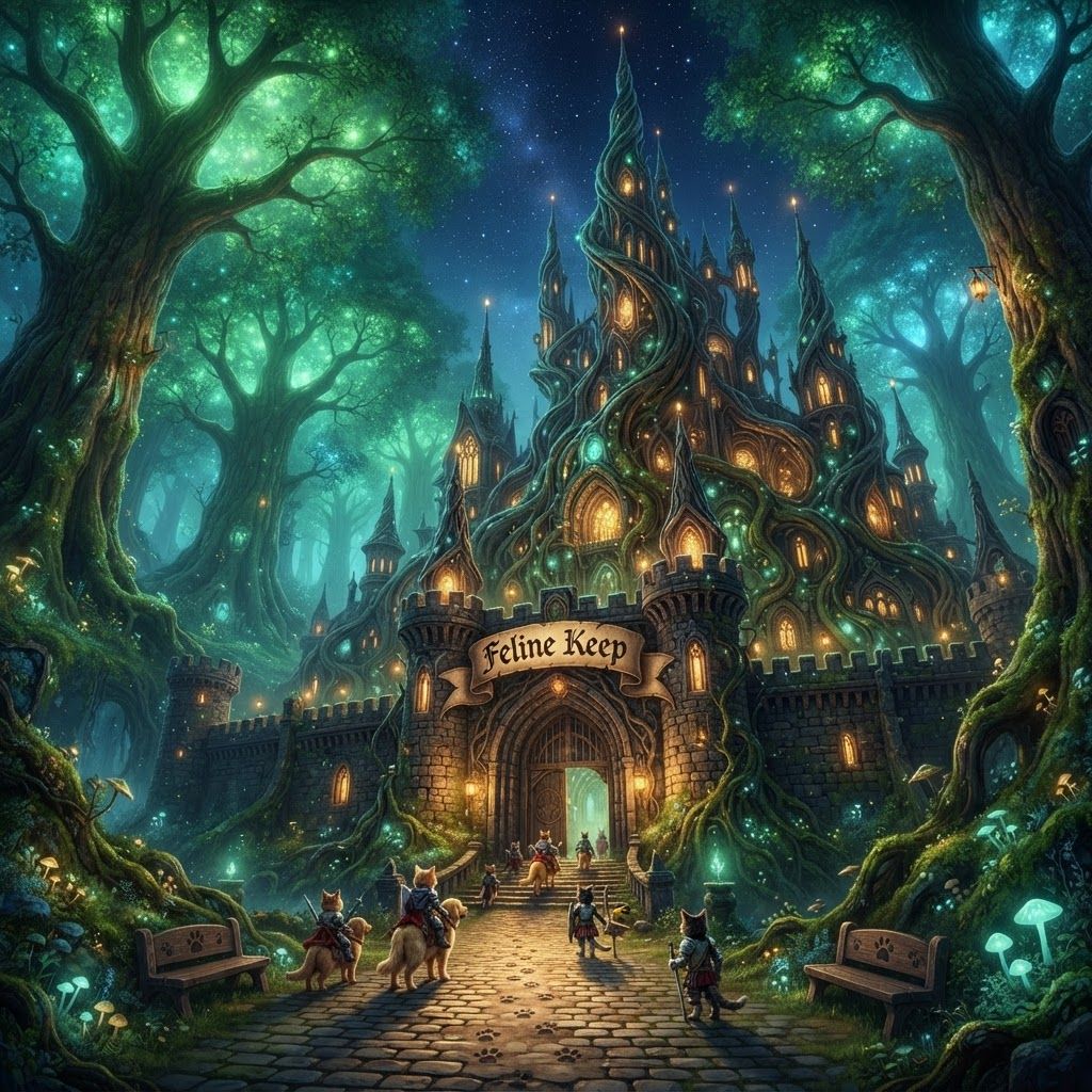 AI Design for Design this sort of dark fantasy feel get a sound very dark and depressed and is more of like impressive kind of retro styled fantasy Castle it's very big it's a very unique shape it's in a forest and it's like for a cat series of feline and nights and these images in the prompt bar are simply inspiration for the lighting in it's not dark or evil it's more of a good castle for the good guys you know beautifully green and glowing Forest