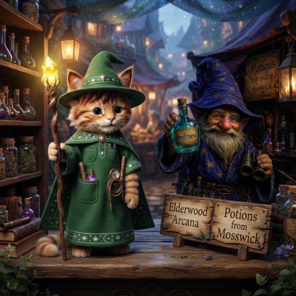 AI Design for Make these two fictional characters meet up the first one is a cat Wizard and the other one is a gnome wizard that sells potions the gnome is from a region named mosswick and the cat is from elderwood and make sure not to mess up the cats details it's ear tips it stripes and everything and it's hair and it's mean and it's whatever it's called