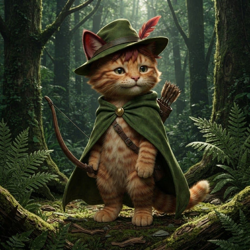 AI Design for The cat that I show you here on the image is how the image I want to look essentially a cat in a forest with all of these features with colored ear tips to stripes All across its body to the cloak to the Hat into all the features being present it make it into a more realistic cat it's still gave its hair that's reddish brown it's it's ears it's ear tips it's stripes on its cheeks on its whole body and really make it iconic in that fantasy feel