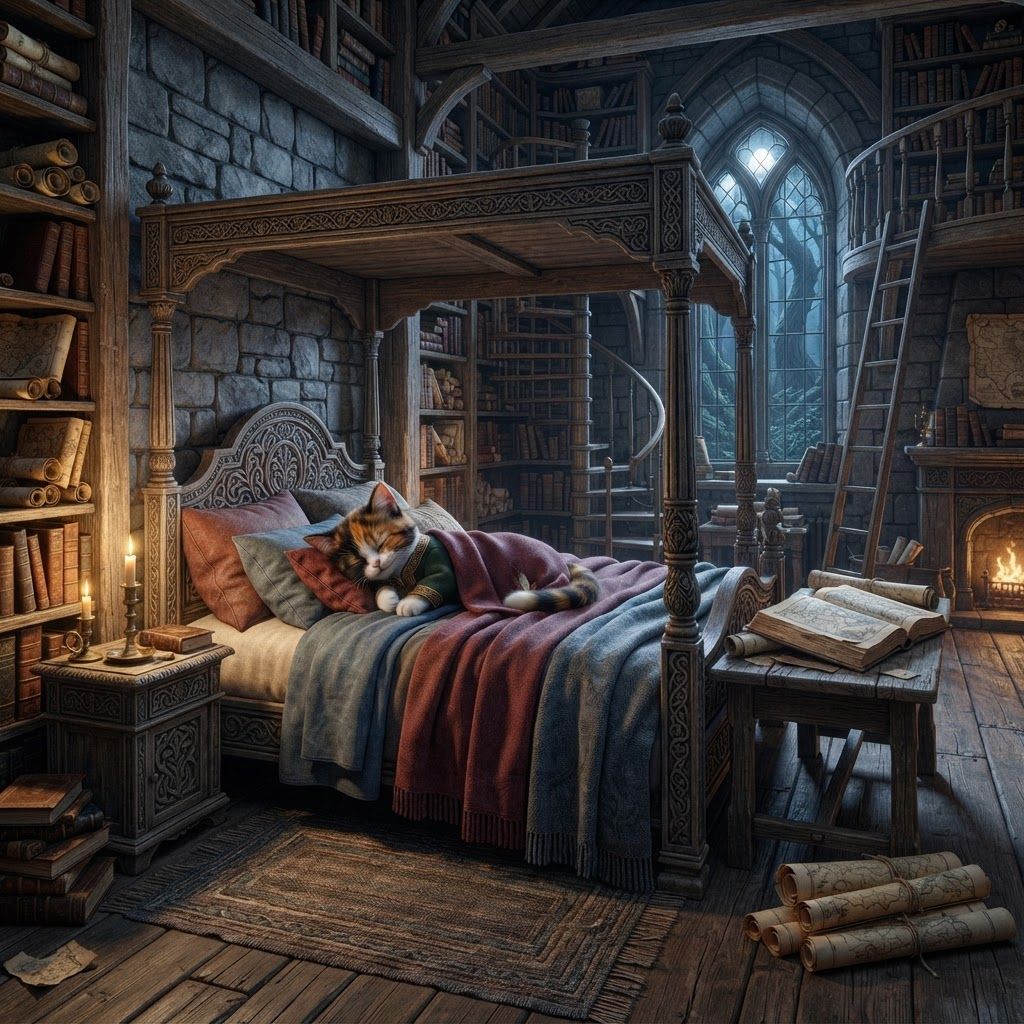 AI Design for ? Archive Loft — Revised Prompt
> A cozy medieval fantasy bedroom hidden inside the upper loft of an ancient woodland archive in Elderwood. The room has a gray, deep red, and muted blue color palette, with aged gray stone and weathered wooden beams. A large, tall four-poster bed dominates the room, covered in soft gray, deep red, and blue blankets. A calico cat librarian is peacefully sleeping in the bed, comfortably curled beneath the blankets.
A warm fireplace burns beside the bed, casting beautiful golden light across the cool gray walls and creating a cozy contrast with the red and blue furnishings. Huge bookshelves surround the room, filled with old books, scrolls, maps, manuscripts, ink bottles and quill pens. A wooden writing desk sits nearby with an open book and several carefully rolled maps.
A small arched window overlooks the dark Elderwood forest, with faint moonlight filtering through the trees. Candles, old brass fixtures, subtle dust particles, and tiny details of a working librarian's life make the room feel genuinely lived-in.
Realistic woodland fantasy aesthetic, cinematic dark-fantasy atmosphere, warm fireplace lighting, cool gray shadows, rich muted red and blue accents, detailed natural materials, nostalgic forgotten-childhood-fantasy feeling, beautiful and peaceful, slightly mysterious, believable medieval architecture, no modern objects. Essentially make you feel like candle it fireplace warm library that has a lot of books spiral bookshelves stairs reaching for big books and then you would have a calico cat wearing this up librarian outfit librarian outfit that would be very beautiful yet like he like the red librarian would wear this off and he's like a bibeetle cat for a fantasy series