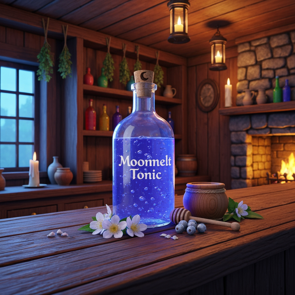 AI Design for 🍹 1. Moonmelt Tonic
Create a realistic cinematic fantasy still-life inside the Bushwhack Tavern in Elderwood. On a beautifully worn wooden tavern counter sits a glass bottle of Moonmelt Tonic, filled with vivid blue-violet liquid that looks physically believable, with translucent liquid, realistic glass reflections, tiny suspended silver particles and subtle natural bubbles. The bottle is handmade and slightly imperfect, with a cork stopper decorated with a tiny crescent-moon carving.
Beside the bottle are realistic Moonmelt Blossoms, Silverdew Berries and a small wooden honey jar, arranged naturally as the ingredients. Behind the counter are wooden shelves containing other colorful bottles, ceramic mugs, herbs hanging from beams and softly glowing lanterns. A stone fireplace casts warm orange light across the tavern while cooler blue light enters through a nearby window.
The environment should feel real and tangible, with physically believable wood grain, glass, liquid refraction, fabric, stone, candlelight and shadows. The fantasy elements should feel naturally integrated into the world rather than looking like cartoon objects.
Flavor: sweet honey, soft berries and a delicate floral finish.
Effect: helps travelers remain alert during long nighttime journeys.
Visual style: realistic medieval woodland fantasy, cinematic photography, natural textures, realistic lighting, vibrant but believable colors, shallow atmospheric depth, handcrafted Elderwood aesthetic, beautiful and nostalgic, no characters, drink prominently centered and completely visible. But here is the thing make it like a realistic a glass bottle from the medieval era like a cat Tavern this is very important and make you like hyper realistic here's a thing hyper realism okay okay okay okay