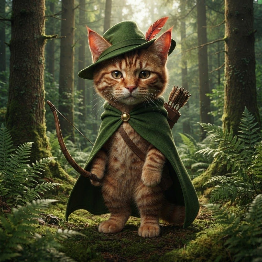 AI Design for The cat that I show you here on the image is how the image I want to look essentially a cat in a forest with all of these features with colored ear tips to stripes All across its body to the cloak to the Hat into all the features being present it make it into a more realistic cat it's still gave its hair that's reddish brown it's it's ears it's ear tips it's stripes on its cheeks on its whole body and really make it iconic in that fantasy feel