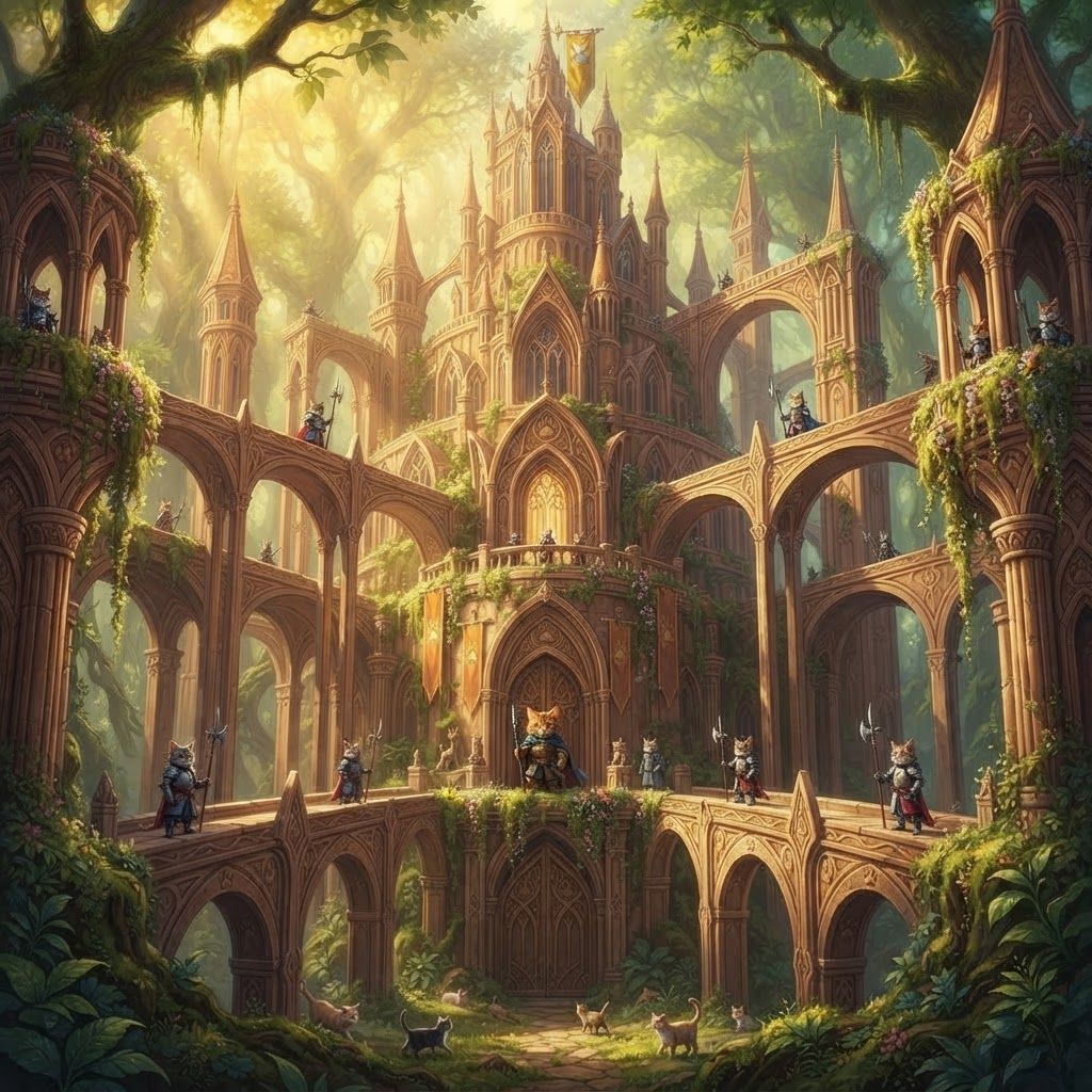 AI Design for Design a unique castle for a cat fantasy series that is beautiful unique you know beautiful Forest and it is essentially from a top-down view and there are a lot of bridges like Castle like pillars and it's very beautiful overall there's just like a really nice castle for this like fantasy series but it isn't way too dark or evil and it just like the perfect mix of good and good complex or anything and don't do a top down view more of just do a forward look onto the castle there's a lot of pillars but don't make it look like cats just make it look like cats would be there like some cat guards