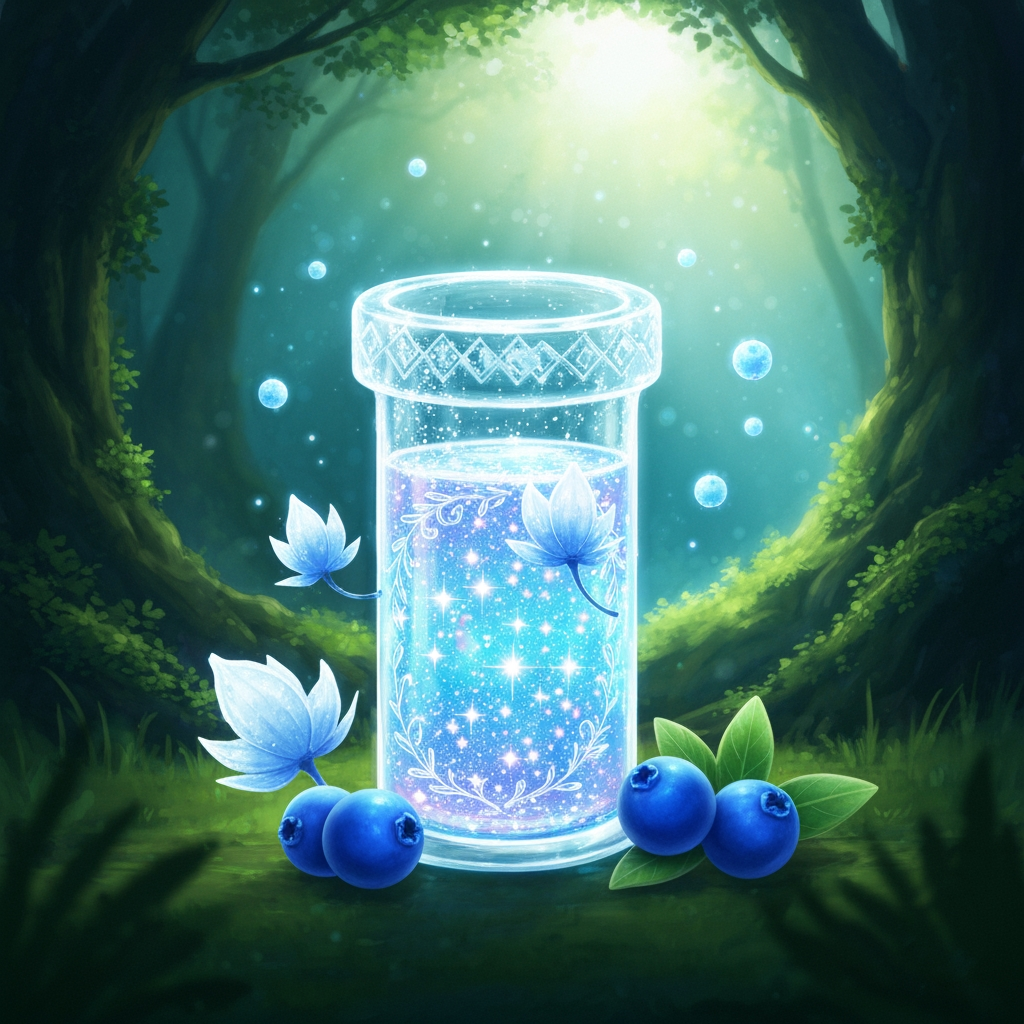AI Design for Design a cooling potion for a cat fantasy kind of series that is like blue white glittery and include some cool berries along some like Icy flower pod