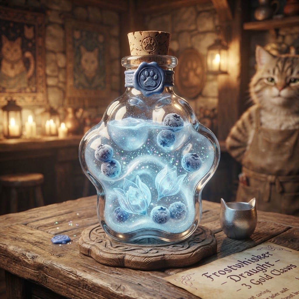 AI Design for Design a cooling potion for a cat fantasy kind of series that is like blue white glittery and include some cool berries along some like Icy flower pod and give it this like special feel like it's in a tavern like served to you nostalgic