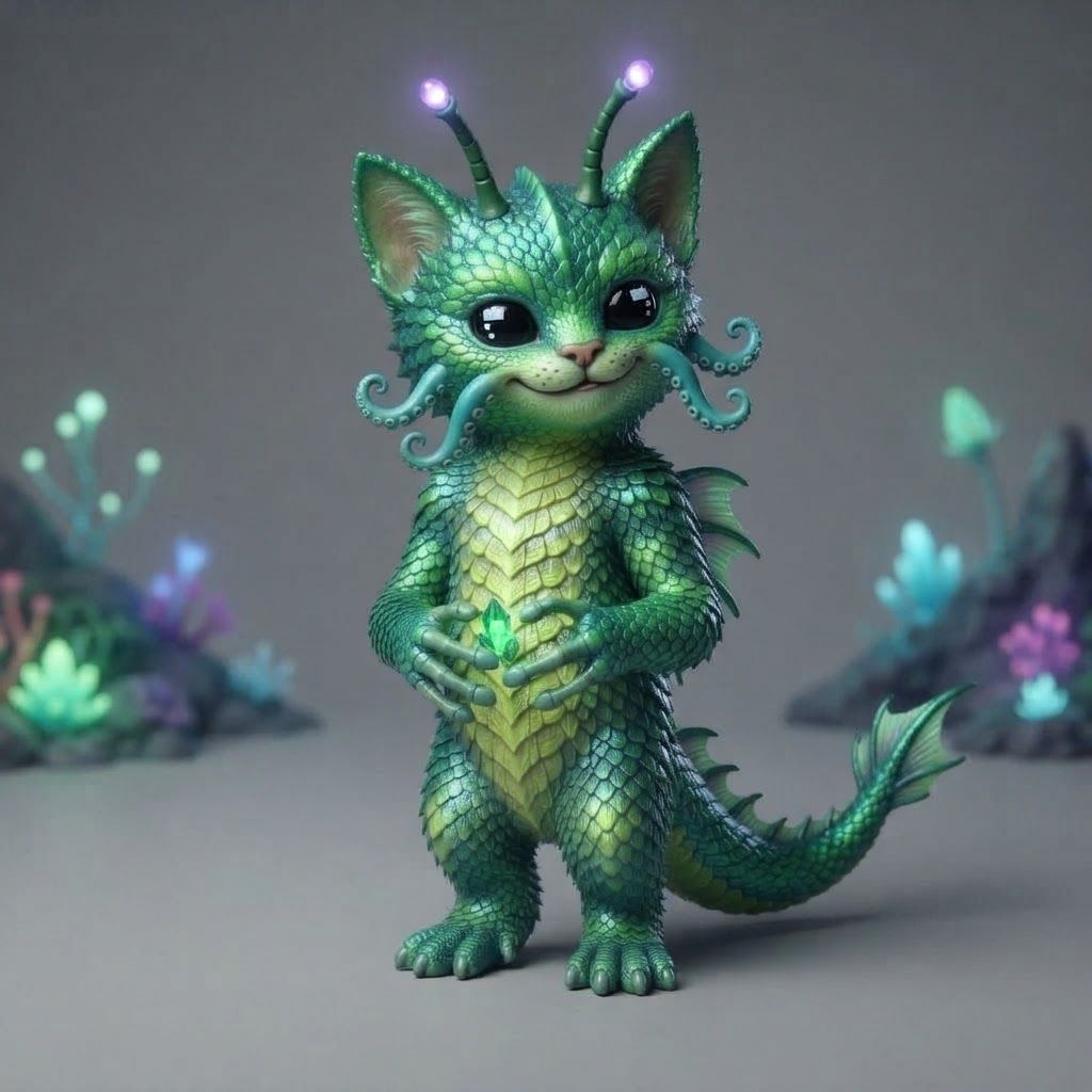AI Design for All right use this design template as a base for alien cat that is like green it has like completely black eyes with Lego white tint and like give him antennas tentacles and just funny features