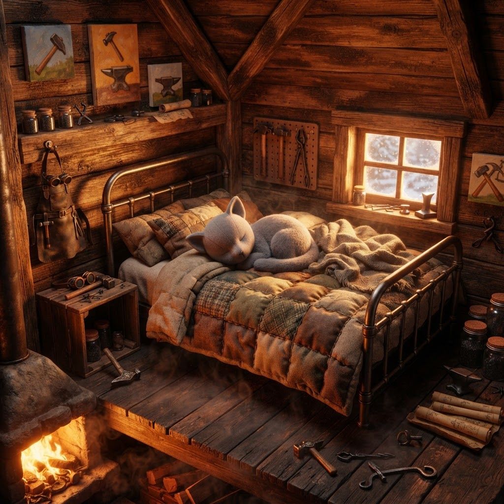 AI Design for ⚒️ The Forge Room — tiny warm bedroom above the blacksmith's workshop. Absolutely roasting in winter, but incredibly cozy. This Forge would be for a cat fantasy series and would be a bedroom that's kind of looking aesthetic photo with a cat already sleeping in bed