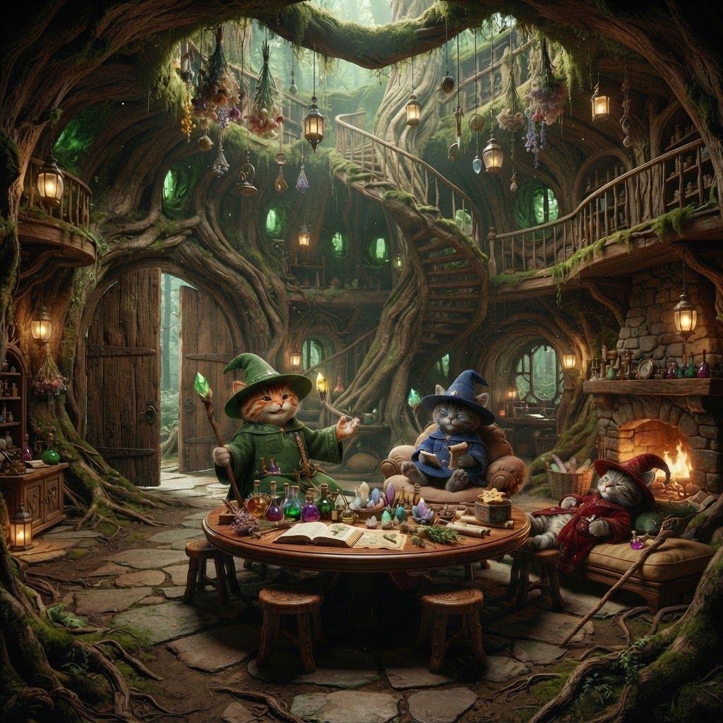 AI Design for 🌳 1. Main Entrance Hall — “Welcome to Wizard's Hollow”
PHOTOREALISTIC LIVE-ACTION DARK-FANTASY FILM STILL. The enormous interior entrance hall of Wizard's Hollow, a magical home built inside a gigantic ancient hollow tree in Elderwood. The room is spacious despite being inside the tree, with enormous curved living-wood walls, exposed roots, moss, vines and natural wooden textures.
Huge double wooden doors are visible behind the viewer's perspective, while the room opens into a grand circular chamber. Three bipedal cat wizards—Walthazar Embermane, Jonathan Bartle Gergenrath and Bartholomew Crumpet—stand naturally together near the center, welcoming visitors.
The room contains a beautiful combination of all three wizards' belongings: colorful potion bottles, books, herbs, crystals, scientific instruments, strange containers, maps, scrolls, candles and magical curiosities. Herbs, lanterns, dried flowers and small objects hang from the ceiling. A large wooden table occupies the center, surrounded by stools and chairs.
A magnificent spiral staircase made from living wood winds upward around the inside of the tree trunk. Small balconies and shelves are built into the walls around it.
Warm fireplace and lantern light illuminate the room, with soft green light filtering through small openings in the tree.
Photorealistic, realistic feline fur and anatomy, realistic wood grain, moss, fabric, glass and stone, cinematic depth of field, subtle film grain, natural practical lighting, high-budget live-action dark-fantasy cinematography. No cartoon, illustration, anime or 3D animation. But actually make the cats rest sit do not take any of their clothes off just make them relax and have fun