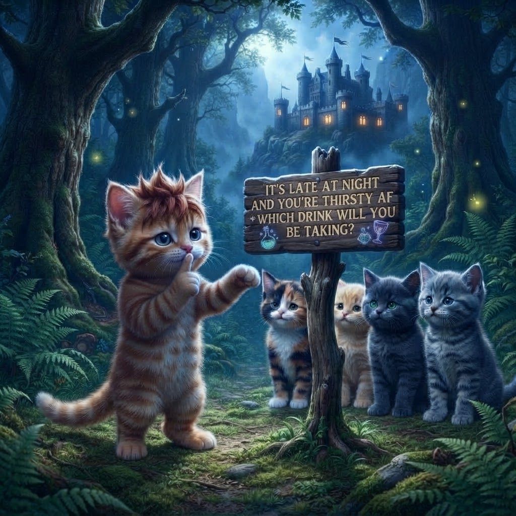 AI Design for Recreate this image with these cats but instead of a sign it says on the sign it's late at night in your thirsty AF which drink are you drinking or like which drink will you be taking and it's like actually night at in the image and it's like beautiful like the kind of shushing but also pointing at the signal fits a other hand he's looking at us telling us to shush Make the Cat look at the viewer