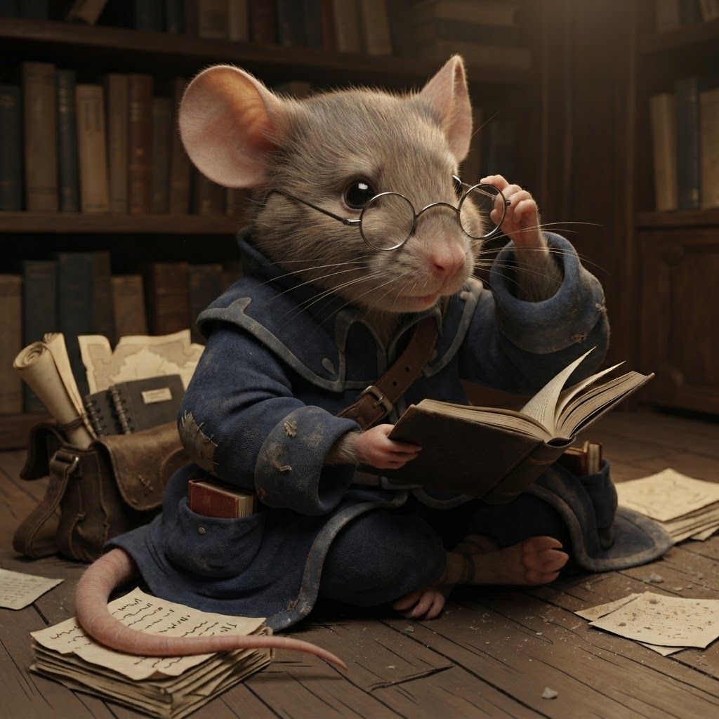 AI Design for Make this mouse character b and the particular style of this other image put him in the same position and remove the book on top of his head making more of him like a realistic Mouse and have some fun with it
