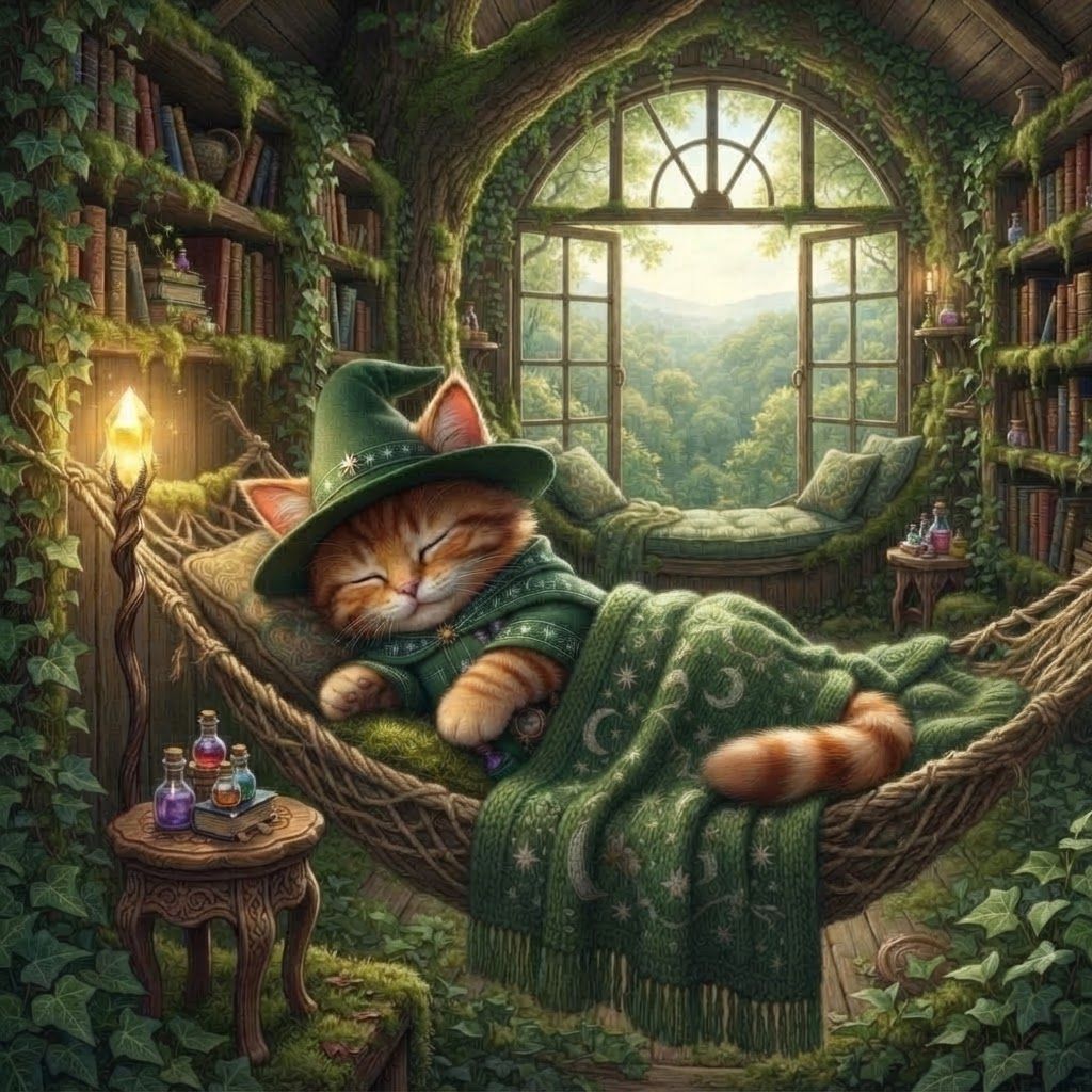 AI Design for 🌳 Greatwood Treehouse — wooden bedroom high among the branches, with a window overlooking the forest. Cat fantasy obviously like a bedroom that has like a hammock or something with this wizard cat sleeping I was like mossy and book shelves everywhere and this wizard like puts down his staff finally and he rest while he counts as potion bottles or something make you look like he's high in the trees and obviously don't forget to not mess up as details there's like include all the parts his ear tips stripes his hair include his dark reddish brown stripes is orange tabby for his brown reddish hair he's orange ears which have like the slightly darker tips like on the reference photo I'm like making where the cloak but he also has like a blanket like a bit like 35% covering his legs like something