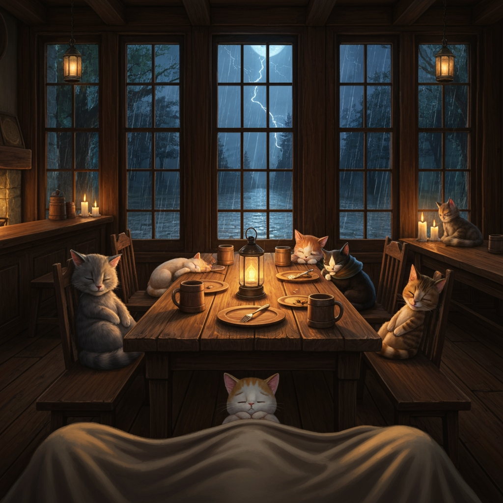 AI Design for Oh yeah, that makes it way cozier—you're not the only one who accidentally passed out. 😭🐈

🌧️ POV: You Fell Asleep in the Tavern

> Photorealistic cinematic dark-fantasy POV scene inside the Bushwhack Tavern in Elderwood on a rainy night. The viewer is a small bipedal cat, and the camera represents their first-person perspective while they are peacefully resting at a large rustic wooden table.

Several other small bipedal cats of different breeds, colors and fur patterns are also asleep around the same table. One is a fluffy gray cat curled up with its head resting on its paws, another is a cream-and-orange cat sleeping against a wooden chair, another is a black-and-white cat wrapped in a small cloak, and another tabby cat is peacefully sleeping beside the viewer. Their poses should feel natural and relaxed, like a group of tired travelers who stayed too late at the tavern.

The table contains half-finished meals, ceramic mugs, a few crumbs, a wooden plate and a small lantern. A soft blanket covers the viewer's lower body, reinforcing the feeling that someone noticed everyone falling asleep and made them comfortable.

The tavern is nearly empty. Behind the sleeping cats, a quiet tavern cat slowly cleans the counter while another tends the large stone fireplace.

Through the tall rain-covered windows, heavy rain falls over the nighttime Elderwood forest. Enormous dark trees are visible outside, their wet leaves reflecting occasional flashes of distant lightning. Rain runs down the glass, and the wet cobblestone street outside reflects the warm golden glow of the tavern windows.

Inside, the only major lighting comes from the large fireplace, candles and warm hanging lanterns, creating soft amber illumination across the wooden tables and sleeping cats. The rainy forest outside is illuminated by cool blue-gray moonlight, creating a beautiful contrast between the warm interior and cold exterior.

The whole scene should feel peaceful, sleepy, nostalgic and incredibly cozy, like a forgotten scene from a fantasy show you vaguely remember from childhood.

Realistic live-action dark-fantasy cinematography, photorealistic cats with detailed natural fur, believable small bipedal feline anatomy, realistic wood, stone, fabric, food, fire and rain, cinematic depth of field, subtle film grain, natural imperfections, atmospheric lighting.

First-person POV, no visible human, no modern objects, no cartoon, no illustration, no anime, no 3D animation, no exaggerated proportions.