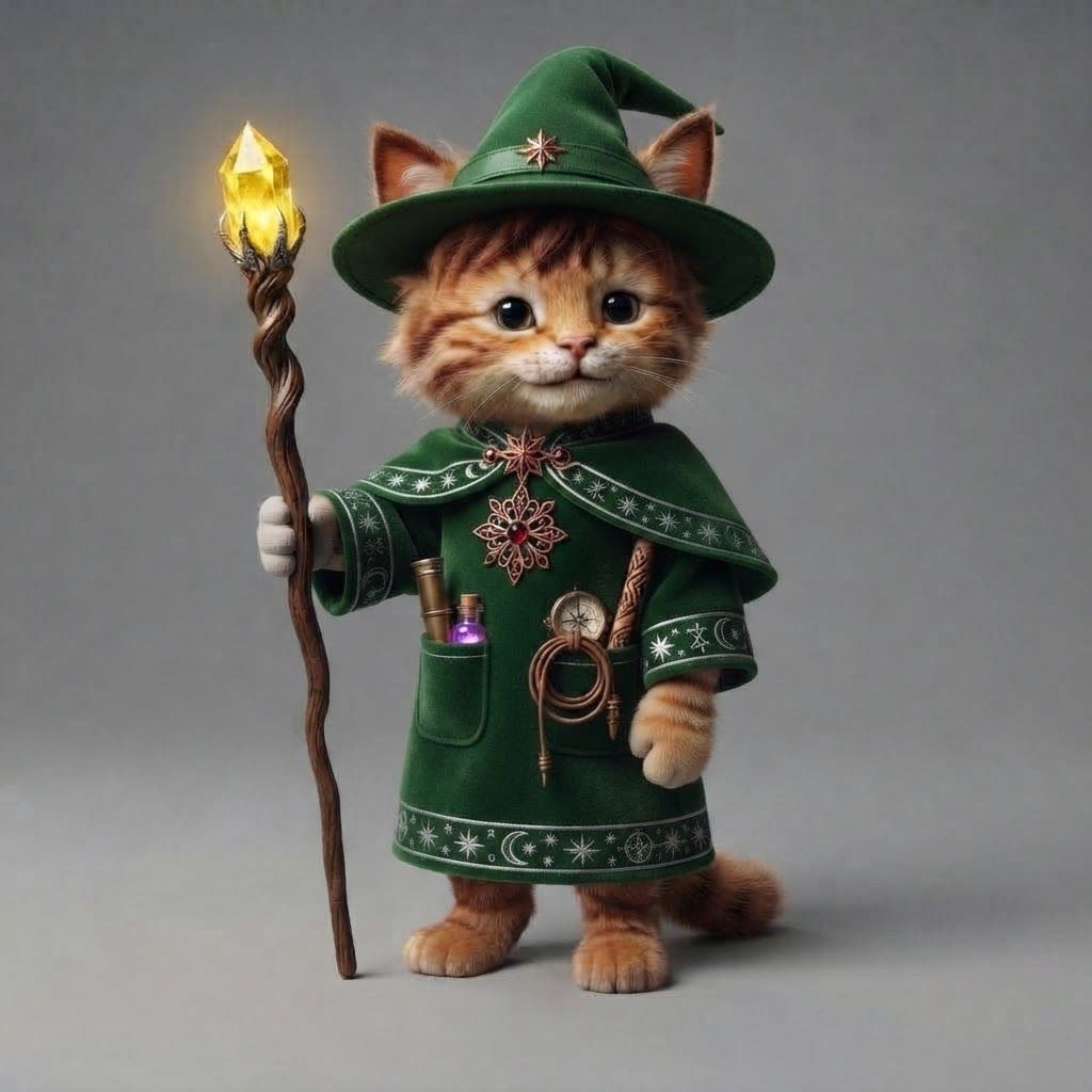 AI Design for Take this cat all of its main features details hair for stripes tips on its cat ears the colors the style everything and put on this blue wizard robe except I wanted to be short sleeved including the Cape at all the things in his pockets just make it really fantasy but make it like green with reddish accents and that's it