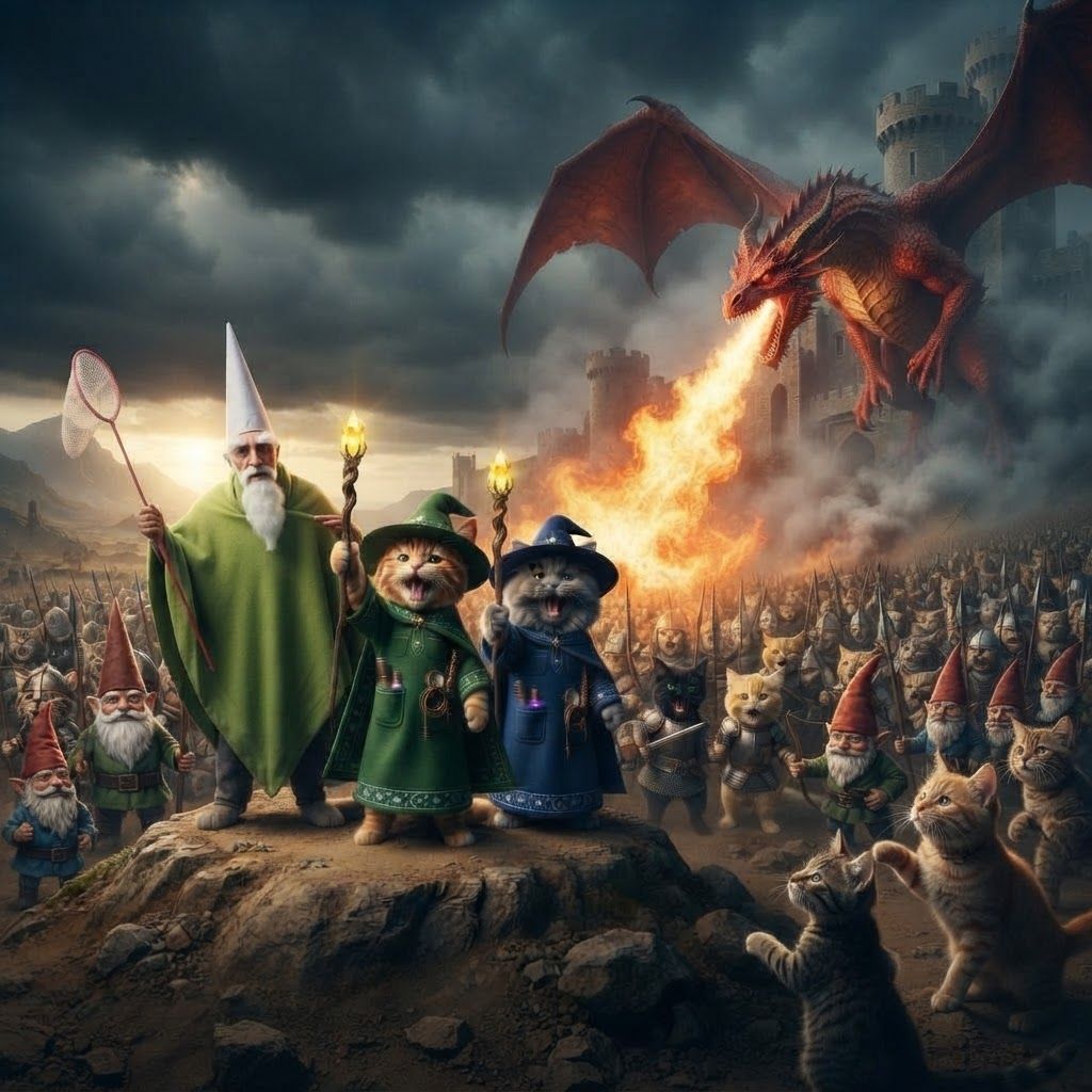 AI Design for In the battle against the knights and gnomes with the cats helping the gnomes King Crawley the tallest gnome would come to the side of the cats in gnomes to help them against the Knights dragon which is red and big