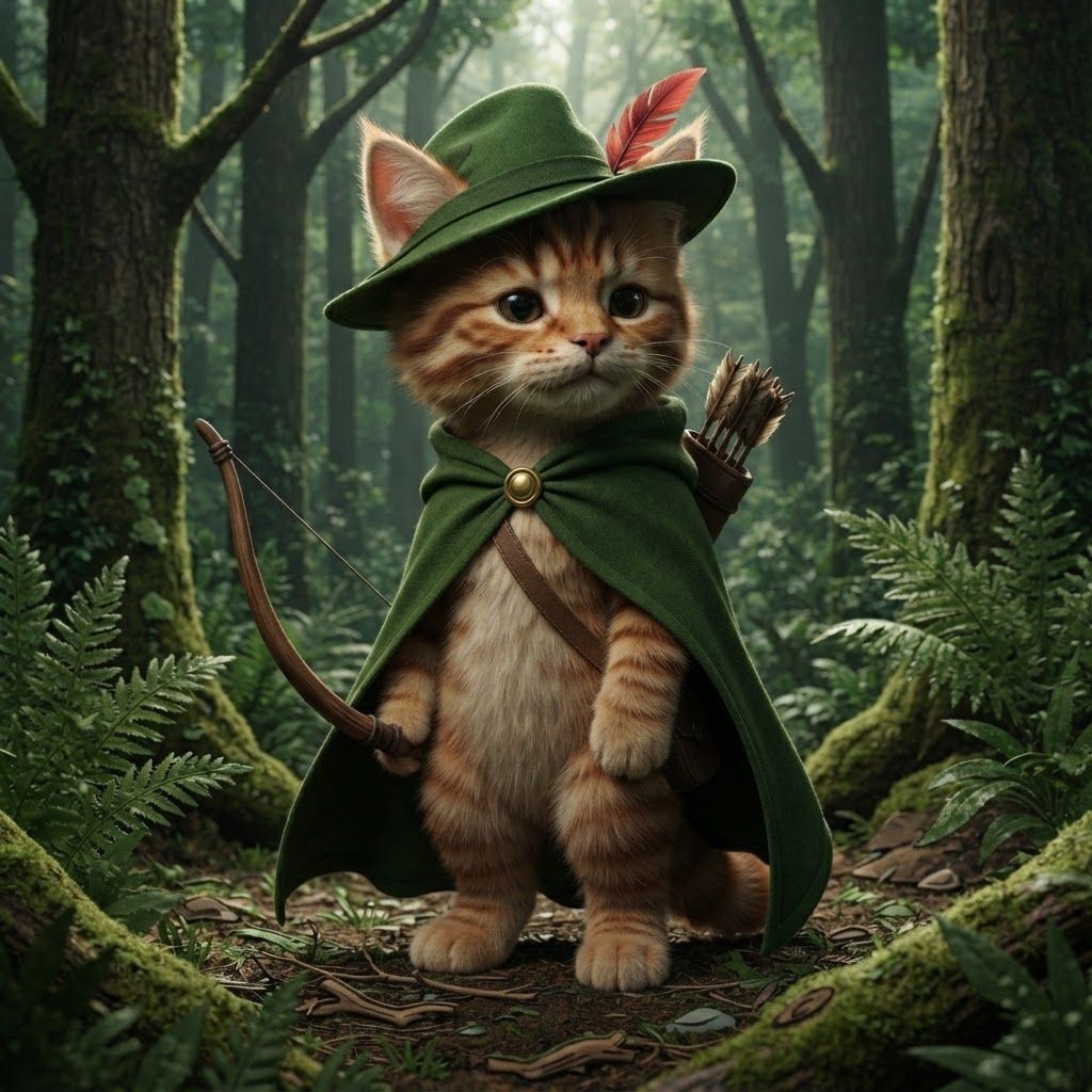 AI Design for The cat that I show you here on the image is how the image I want to look essentially a cat in a forest with all of these features with colored ear tips to stripes All across its body to the cloak to the Hat into all the features being present it make it into a more realistic cat it's still gave its hair that's reddish brown it's it's ears it's ear tips it's stripes on its cheeks on its whole body and really make it iconic in that fantasy feel