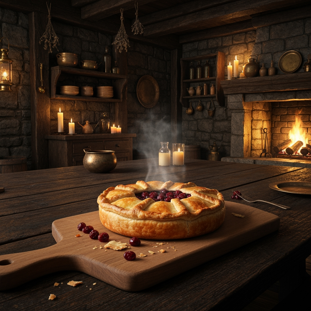 AI Design for 🥧 Example — Thornberry Pie
A rustic Thornberry Pie sits on a heavy wooden serving board. It has a beautifully baked golden-brown flaky crust with slightly uneven handmade edges. Several dark ruby-red Thornberries are visible through a small opening in the crust, with glossy berry filling bubbling gently underneath. A little steam rises from the freshly baked pie. A few crumbs and tiny drops of berry filling sit naturally on the wooden board.
The pie should look extremely appetizing and freshly baked, with realistic pastry layers, glossy fruit filling and warm golden highlights from the fireplace.🍽️ Master Elderwood Tavern Style
Put this at the very beginning of every prompt:
Photorealistic cinematic dark-fantasy food photography inside a cozy medieval woodland tavern in Elderwood. This is a real, physically believable tavern, not an illustration. The interior has aged dark wooden tables, rough stone walls, exposed wooden beams, shelves filled with ceramic dishes and bottles, hanging dried herbs, candles, brass lanterns, and a large stone fireplace. Warm amber firelight and candlelight illuminate the room, creating soft realistic shadows and highlights, while the corners of the tavern remain naturally darker and atmospheric. The scene feels warm, rustic, lived-in and slightly mysterious, like a still frame from a high-budget live-action dark-fantasy film. Realistic materials, realistic food textures, natural imperfections, subtle cinematic film grain, shallow depth of field.
Then add:
The food is the clear centerpiece of the image. It must look genuinely delicious, freshly prepared, warm, edible and appetizing, with realistic textures, steam, moisture, crumbs, sauces and natural imperfections. It should look like real medieval cuisine with fantastical ingredients—not cartoon food, not toy-like food, not plastic, not an illustration. How to catch chef that just finished making your meal and he's looking at you to see if you like it a bipedal cat chef but he's not too like slim and Slender he's that perfect balance to like tall and slightly more chubby so make sure to add the cat understand the cat should be any color you like just a cat chef wearing this like medieval cat kitchen cat cat cat cat cat cat