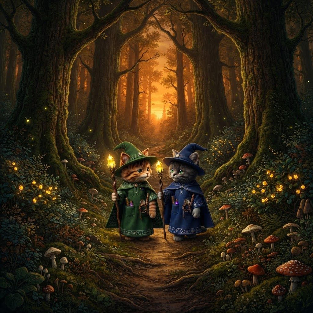 AI Design for I want these two cats exactly the same as how they look now walking in a quiet Forest filled with large trees high above them and then white and red mushrooms all across the ground bushes with glowing yellow berries wild berries and bushes and trees all feeling up to be a beautiful wonderful Forest whilst they're walking across a dirt path like two great friends talking with each other reminiscing over the times when life was much simpler and don't change the cats looks make them look exactly as they are and don't make the bushes berries colorful just make them glowing yellow and like a sunset so it's kind of dark in the forest but they're sticks are illuminating everything and don't forget the tabby kittens details obviously having tipped ears like what I mean by tip is they have like a brown ear tips Brown stripes brown hair orange for the color of the beautiful club design and don't actually make them feel like they're like the center of the image kinda make it like a curved path and that they're walking on it like the curved pass