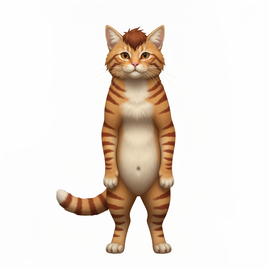 AI Design for 🐈 PROMPT 1 — EMBERMANE TABBY
Create a character-design reference template showing a simple, unclothed orange tabby cat standing upright in a neutral pose, facing slightly toward the viewer. The character should have natural realistic feline anatomy, four paws, a fluffy tail, pointed ears, a rounded cat face, and realistic detailed orange fur. Give the cat distinctive reddish-brown tabby stripes, including the recognizable two stripes on each cheek, darker striped legs and tail, a warm cream-colored muzzle, chest and rounded belly, and slightly darker reddish-brown fluffy head fur resembling Jasper Embermane's signature hair. No clothing, weapons, accessories, or props. The character should look like a clean, iconic base template for a medieval woodland fantasy character creator. Cinematic realistic storybook fantasy photography, natural forest lighting, detailed fur, earthy colors, believable