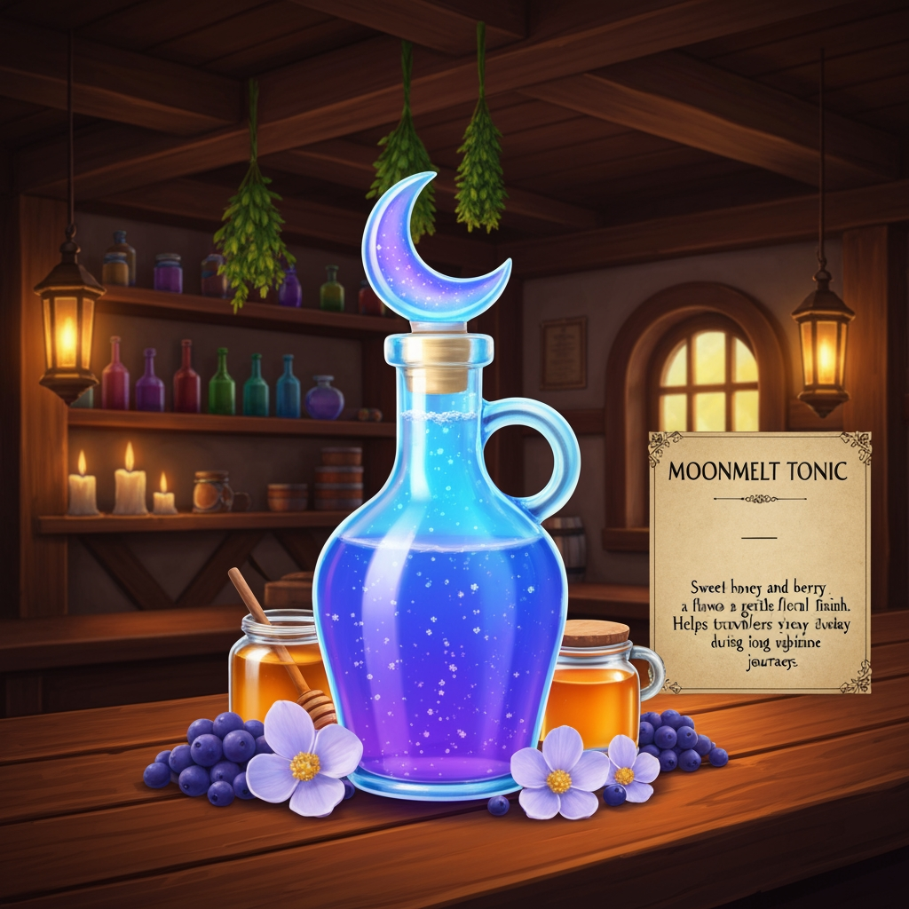 AI Design for 🍹 1. Moonmelt Tonic
Prompt:
A beautifully presented fantasy potion called Moonmelt Tonic displayed prominently on a wooden tavern counter inside the cozy Bushwhack Tavern in Elderwood. The drink is a vivid luminous blue-purple color with tiny silver sparkling particles floating through it, served in a charming glass bottle with a crescent-moon-shaped stopper. Around the bottle are Moonmelt Blossoms, Silverdew Berries and a small jar of golden honey. Warm tavern lanterns, wooden beams, shelves of colorful bottles, hanging herbs and soft candlelight in the background. The drink is perfectly centered and completely visible, colorful and visually striking. Include an elegant fantasy information placard beside it reading: MOONMELT TONIC — Sweet honey and berry flavor with a gentle floral finish. Helps travelers stay awake during long nighttime journeys. Cinematic realistic woodland fantasy, vibrant colors, handcrafted medieval aesthetic, beautiful atmospheric lighting.