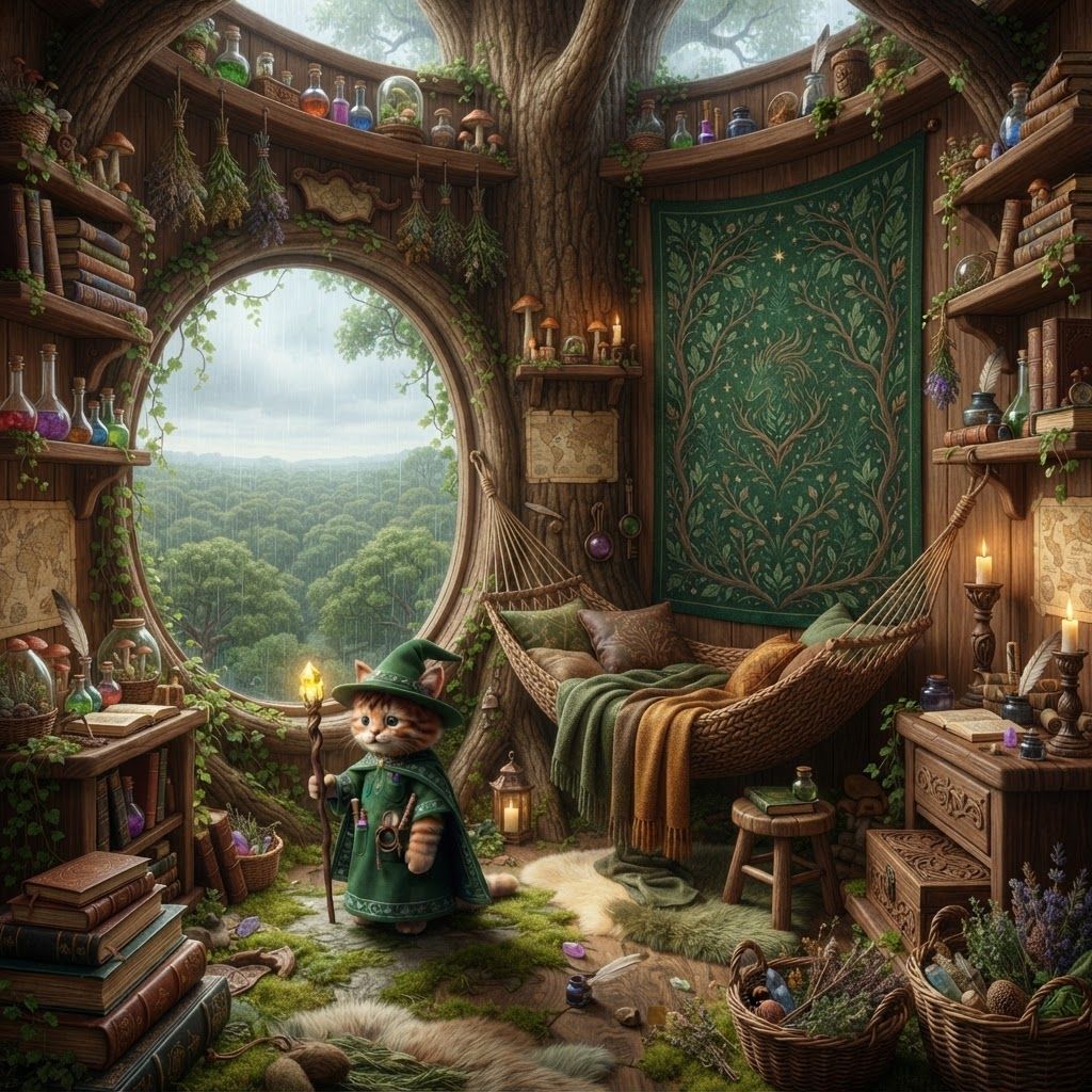 AI Design for Yeah, I see it — not just a rustic little wizard bedroom, but a genuinely beautiful, richly decorated room that still feels cozy and lived-in.
🌿 Walthazar's Bedroom — Refined Description
Walthazar's bedroom sits on the highest floor of Wizard's Hollow, nestled inside the upper trunk of the enormous hollow tree. The room is fairly spacious, but its rounded wooden walls, low ceiling, and tucked-away position make it feel intimate and snug without being cramped.
The centerpiece is a beautiful deep emerald-green tapestry hanging across one of the curved wooden walls. It's richly woven with subtle woodland patterns—leaves, twisting branches, tiny stars and perhaps an understated Embermane motif. The green fabric gives the room a warm, magical identity and contrasts beautifully with the natural brown wood.
A huge rounded window looks directly out over the Elderwood canopy. The treetops stretch into the distance beneath the window, making the room feel like it's sitting high above the entire forest. Soft daylight filters through the leaves and illuminates the room naturally.
Walthazar sleeps in his large hanging hammock, suspended securely between sections of the tree. It's filled with soft blankets and pillows in earthy greens, browns and warm amber tones. A little wooden step or stool sits beside it.
The room is filled with interesting little belongings everywhere:
📚 Tall stacks of spellbooks and old journals
🧪 Colorful potion bottles and glass flasks
🌿 Dried herbs hanging from wooden beams
🍄 Small potted mushrooms and plants
🕯️ Candles in carved wooden and iron holders
🗺️ Rolled maps tucked into shelves
🪶 Quills and ink pots
🔮 Small magical curiosities and crystals
🪵 Carved wooden boxes containing mysterious ingredients
🧺 Baskets filled with herbs and collected forest materials
Some shelves are built directly into the tree itself, following the curves of the trunk. Others are freestanding, handmade pieces of furniture.
There are soft rugs and mossy patches across the wooden floor, giving the room a natural forest-floor feeling. Little vines creep around the edges of some shelves and window frames.
The room isn't messy—it is beautifully cluttered. Everything feels like something Walthazar has collected during his life: books he's actually read, potions he's made, plants he's gathered, maps he's explored and little objects he simply thought were interesting.
The overall palette is emerald green, natural walnut-brown, warm amber, muted gold and touches of earthy orange, making it feel unmistakably like the bedroom of an Embermane wizard living inside an ancient forest tree.
It should feel like the kind of room where you could spend an entire rainy afternoon reading beside the window. 🌿📚🧪