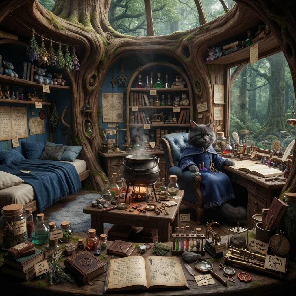 AI Design for ? Jonathan Bartle Gergenrath — Bedroom Prompt
> PHOTOREALISTIC LIVE-ACTION DARK-FANTASY FILM STILL. A beautiful, cozy yet highly sophisticated bedroom belonging to Jonathan Bartle Gergenrath, one of the three wizard cats of Wizard's Hollow. His bedroom is located inside the upper floors of the enormous ancient hollow tree in Elderwood. The image should look like a frame from a high-budget live-action medieval fantasy movie, with realistic practical lighting, physically believable materials and extremely detailed environmental textures.
Jonathan Bartle Gergenrath is a small bipedal anthropomorphic cat, sitting comfortably inside his bedroom. He has realistic feline anatomy, detailed natural fur, expressive feline eyes, whiskers, paws, a long tail and clearly recognizable cat ears. He wears his distinctive deep blue wizard's robe, with elegant subtle patterns and carefully embroidered magical details. His yellow magical crystal is visible somewhere in the room, displayed safely on a small carved wooden stand.
The entire room has a beautiful deep blue and muted sapphire color scheme, while the natural wooden structure of the hollow tree remains visible underneath. The walls are curved living wood with blue-painted sections, exposed warm-brown wood grain, natural knots and subtle moss. The blue decoration should feel elegant and magical rather than artificial.
Jonathan's bedroom is noticeably more scientific and experimental than the other wizards' rooms. He has an impressive collection of magical scientific equipment: glass flasks, test tubes, measuring vessels, strange mineral samples, magnifying lenses, little mechanical instruments, scales, notebooks, diagrams, specimen jars and carefully labeled containers.
At the center of the room is a large medieval brewing pot / cauldron, sitting over a sturdy magical heating mechanism. It is surrounded by wooden tables covered with experiments, glass containers and carefully arranged ingredients. A faint amount of harmless steam rises from the pot.
Jonathan has clearly borrowed quite a few things from his great friend Walthazar Embermane. Some of Walthazar's distinctive bottles, herbs, books and small tools can be seen among Jonathan's equipment, slightly mismatched with the rest of the collection. There are also a few smaller objects borrowed from Bartholomew Crumpet, such as tiny jars, unusual ingredients and little tools. They aren't stolen maliciously—these are clearly the belongings of close friends who casually share their things. Some objects even have little handwritten labels or notes reminding Jonathan where they came from.
Walthazar doesn't mind at all, and this should feel like a charming detail of their friendship rather than a conflict.
The room contains beautiful wooden shelves built directly into the tree, packed with scientific notes, spellbooks, rolled diagrams, maps, glass containers and mysterious specimens. A large writing desk sits beside a window, covered in handwritten calculations, magical diagrams, ink bottles, quills and an open notebook.
The window overlooks the dense green Elderwood forest, with enormous ancient trees stretching into the distance. Soft morning or afternoon light filters through the canopy and reflects through the glass containers, creating little highlights across the room.
Add cozy details so the room doesn't feel like a laboratory: a comfortable bed with deep blue blankets, several cushions, a soft rug, a few potted plants, small stuffed fantasy creatures sitting on a shelf, hanging herbs and a comfortable reading chair beside the window.
The room should feel organized but actively used. Jonathan is clearly someone who constantly experiments, studies and investigates things, so there are many objects everywhere—but they are arranged thoughtfully rather than being an untidy mess.
Photorealistic realistic feline fur, believable bipedal cat anatomy, detailed whiskers and paws, realistic wood grain, glass, metal, fabric, paper and stone, physically believable lighting, realistic reflections in glass, subtle atmospheric haze, cinematic depth of field, subtle film grain, rich environmental detail, high-end live-action dark-fantasy cinematography.
No cartoon, no illustration, no anime, no children's-book style, no 3D animation, no plastic-looking characters, no human body with a cat head, no modern laboratory equipment, no futuristic technology, no excessive glowing magic.