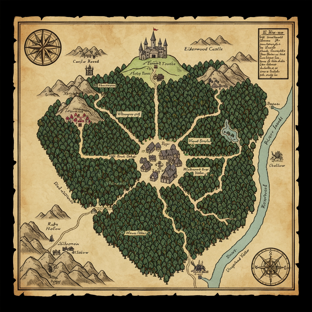 AI Design for The map of Elderwood should feel like an actual old adventurer's map that exists inside your world—not a clean modern game map. I’d picture it as something a cartographer carefully drew by hand over years of exploration.
🗺️ Overall appearance
Old, slightly yellowed parchment, with uneven edges and subtle stains.
Hand-drawn ink illustrations rather than perfectly precise lines.
A mixture of dark brown, muted green, blue, and faded red ink.
Small handwritten notes and symbols scattered around the map.
A decorative compass rose in one corner.
A few little drawings of trees, mountains, castles and creatures around important landmarks.
The map should be detailed enough that you could imagine actually navigating with it.
🌲 The center — Elderwood Village
At the heart of the map is Elderwood Village, surrounded by a huge cluster of illustrated trees.
The village could be represented by:
> 🏘️ Elderwood Village
with tiny drawings of cottages, a tavern and winding paths.
Several paths branch outward from the village.
🌳 The Deepwood
The largest area surrounding Elderwood should be Deepwood.
Instead of drawing every tree individually, use dense clusters of little hand-drawn tree symbols.
Inside Deepwood you could mark:
🌿 Whispering Glade
🌉 Old Root Bridge
💧 Moonstream
🧙 Wizard's Hollow
🦉 Owlwatch
🍄 Mushroom Hollow
Some areas should simply fade into:
> “Unexplored Woodland”
which makes the world feel bigger.
🏰 Northern area — Elderwood Castle
Farther north, beyond the forest, place the Elderwood Castle on a hill.
Draw a tiny but recognizable castle with several towers and a winding road leading toward it.
Around it:
> Castle Road
King's Forest
Old Watchtower
⛏️ Western area — Mines
To the west, the forest becomes rocky and mountainous.
Mark:
> ⛏️ Elderwood Mines
🪨 Silvervein Caverns
💎 Ruby Hollow
Draw little mountain symbols and mine entrances.
🌊 Eastern area — Riverlands
A large winding river could run through the eastern side of the map.
Call it something like:
> Elder River
Then add:
🌉 Old Stone Bridge
🏕️ Riverside Camp
🌾 Meadowfields
🛶 Fishercat Crossing
Eventually the river could disappear off the edge of the map, suggesting that Elderwood is only one part of a much larger world.
🍄 Southern area — Wildwood
The southern forest could become less civilized and much denser.
> The Wildwood
Add strange little symbols for:
Giant mushrooms
Abandoned ruins
Hidden caves
Strange animal tracks
A forgotten shrine
And perhaps a handwritten warning:
> “Paths become unreliable beyond this point.”
🧭 Map details
I'd also add little cartographer touches:
Top: decorative compass rose
Bottom: hand-drawn scale
Corners: tiny sketches of leaves, mushrooms and animals
Edges: handwritten notes about locations
Some areas: deliberately unfinished or faded
And importantly, don't make the entire map perfectly filled in. Leave some blank parchment around the edges.
That gives you the feeling that Elderwood is a real place waiting to be explored, rather than a world where everything has already been discovered.