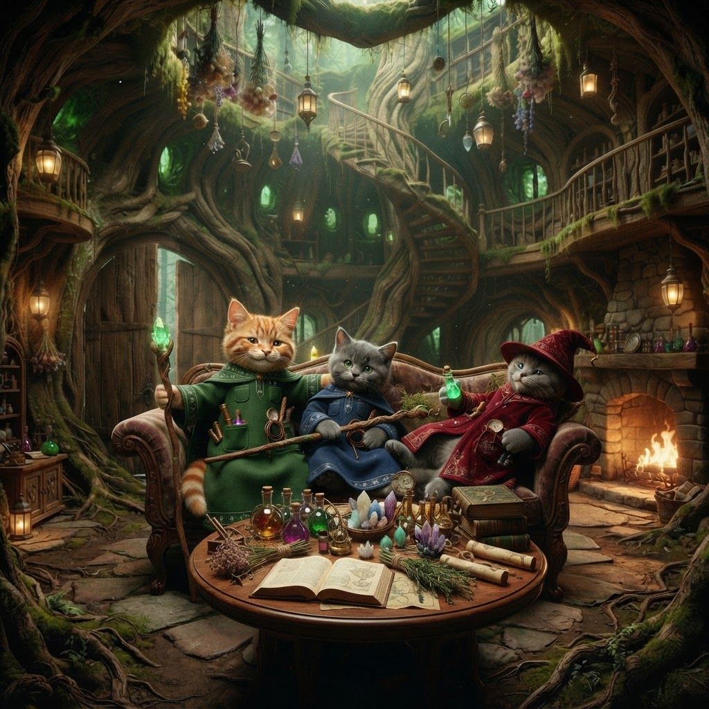 AI Design for 🌳 1. Main Entrance Hall — “Welcome to Wizard's Hollow”
PHOTOREALISTIC LIVE-ACTION DARK-FANTASY FILM STILL. The enormous interior entrance hall of Wizard's Hollow, a magical home built inside a gigantic ancient hollow tree in Elderwood. The room is spacious despite being inside the tree, with enormous curved living-wood walls, exposed roots, moss, vines and natural wooden textures.
Huge double wooden doors are visible behind the viewer's perspective, while the room opens into a grand circular chamber. Three bipedal cat wizards—Walthazar Embermane, Jonathan Bartle Gergenrath and Bartholomew Crumpet—stand naturally together near the center, welcoming visitors.
The room contains a beautiful combination of all three wizards' belongings: colorful potion bottles, books, herbs, crystals, scientific instruments, strange containers, maps, scrolls, candles and magical curiosities. Herbs, lanterns, dried flowers and small objects hang from the ceiling. A large wooden table occupies the center, surrounded by stools and chairs.
A magnificent spiral staircase made from living wood winds upward around the inside of the tree trunk. Small balconies and shelves are built into the walls around it.
Warm fireplace and lantern light illuminate the room, with soft green light filtering through small openings in the tree.
Photorealistic, realistic feline fur and anatomy, realistic wood grain, moss, fabric, glass and stone, cinematic depth of field, subtle film grain, natural practical lighting, high-budget live-action dark-fantasy cinematography. No cartoon, illustration, anime or 3D animation. But actually make the cats rest sit do not take any of their clothes off just make them relax and have fun