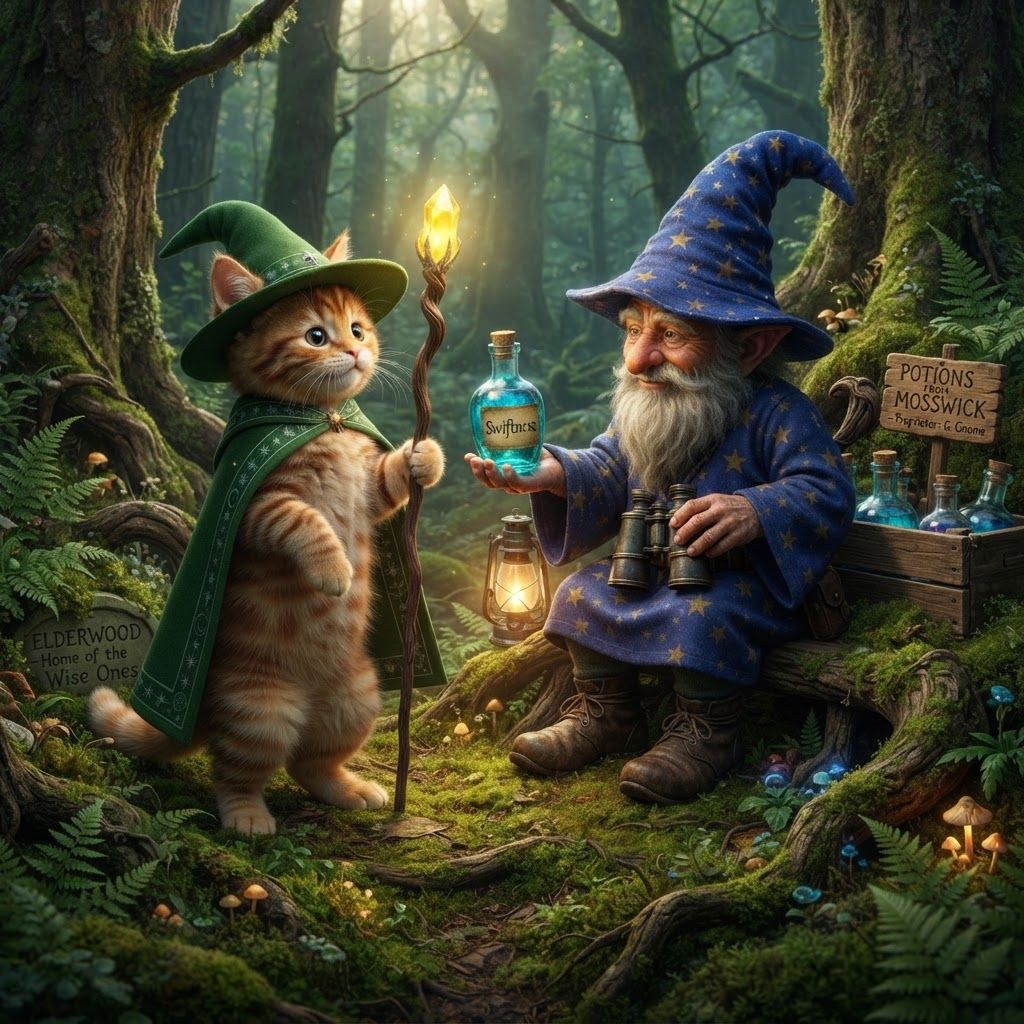 AI Design for Make these two fictional characters meet up the first one is a cat Wizard and the other one is a gnome wizard that sells potions the gnome is from a region named mosswick and the cat is from elderwood
