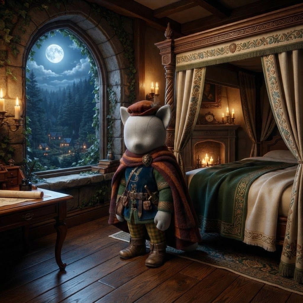 AI Design for An elegant medieval fantasy guest bedroom inside the ancient castle overlooking Elderwood. Tall stone walls, beautiful carved wooden furniture, a large four-poster bed with deep green and cream blankets, ornate wooden details, a small fireplace, candles, embroidered curtains, a polished wooden desk, and a large arched window overlooking the enormous forest and distant Elderwood Village. Subtle ivy grows around the stone window frame. The room feels luxurious but still warm and believable, combining royal architecture with natural woodland craftsmanship. Moonlight enters through the window while candles provide soft golden illumination. Majestic, peaceful, mysterious and nostalgic, cinematic realistic dark-fantasy storybook aesthetic, rich natural textures, atmospheric depth