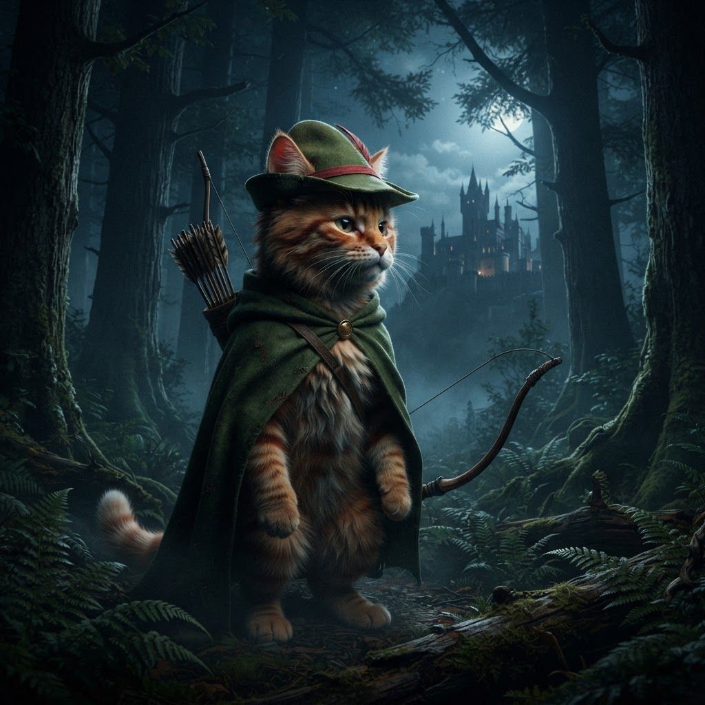 AI Design for Sure — here's the complete description based exactly on what you just described, without adding a new outfit or changing his established design.

🌲 Jasper Embermane — Dark Fantasy Version

Jasper is an orange tabby cat with a natural, slightly realistic feline appearance. His fur should have believable texture and anatomy while still preserving his recognizable Embermane character design.

🐈 Face & Fur

Warm orange tabby fur covering his body.

Slightly darker reddish-brown stripes.

Two reddish-brown stripes on each cheek, one of his most recognizable markings.

His head has his characteristic brown hair/mane, giving him a slightly distinctive, rugged appearance.

His ears are orange, with roughly the upper third of each ear covered in a reddish-brown color.

His facial features should look like a real cat's, but remain expressive enough to recognize Jasper immediately.


🎩 Hat

Jasper wears his familiar green archer's hat.

Natural, slightly worn material.

A simple red band/outline around the hat where the brim meets the main body.

The hat should feel like something made for traveling through a forest rather than polished royal clothing.

Keep the design recognizable and understated.


🧥 Cloak

Jasper wears his familiar green cloak.

It should have a natural, practical appearance, with believable cloth texture and subtle signs of use.

🏹 Equipment

Jasper carries his bow, reinforcing that he's an archer rather than a heavily armored fantasy warrior.

His equipment should remain simple and practical.


---

🌙 Environment

Jasper is standing in a large, atmospheric forest at night.

The forest should feel enormous and ancient, with:

Tall trees surrounding him

Dense woodland vegetation

Deep shadows between the trees

Subtle moonlight filtering through branches

Atmospheric haze or mist

Natural earthy textures


Through an opening in the forest, a large castle can be seen in the distance.

The castle shouldn't dominate the image—it should feel like something Jasper has discovered beyond the trees, giving the scene a sense of exploration and mystery.


---

🎬 Overall Visual Style

The whole scene should have that dark-fantasy AI image aesthetic you were describing:

realistic but fantastical, nighttime, cinematic, atmospheric, slightly dark, natural colors, detailed fur, subtle film-like filtering, deep shadows, and dramatic moonlight.

It shouldn't look like a bright cartoon or overly polished 3D animation.

At the same time, Jasper shouldn't become an ordinary photorealistic cat—the orange fur, reddish-brown markings, brown mane, green hat, red hat band, green cloak, and bow need to make him unmistakably Jasper.