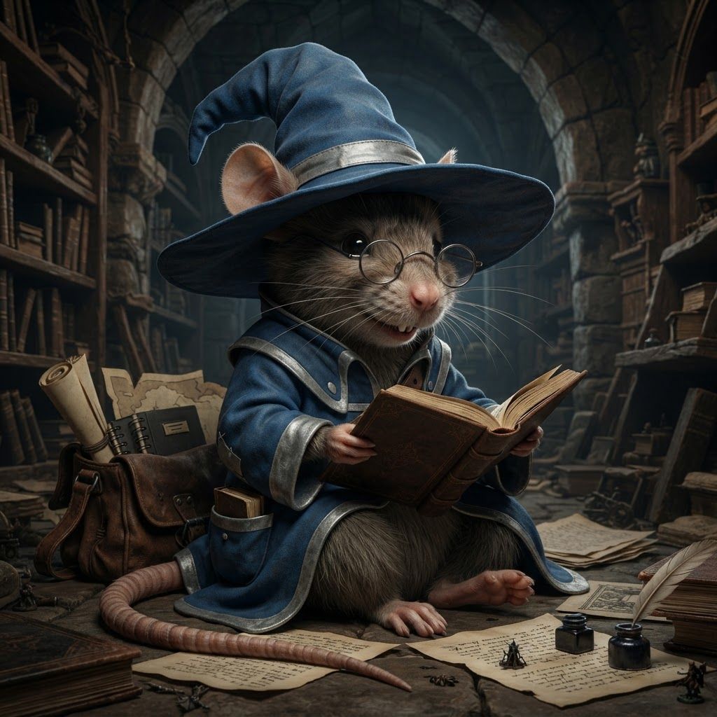 AI Design for Make this mouse character b and the particular style of this other image put him in the same position and remove the book on top of his head making more of him like a realistic Mouse and have some fun with it