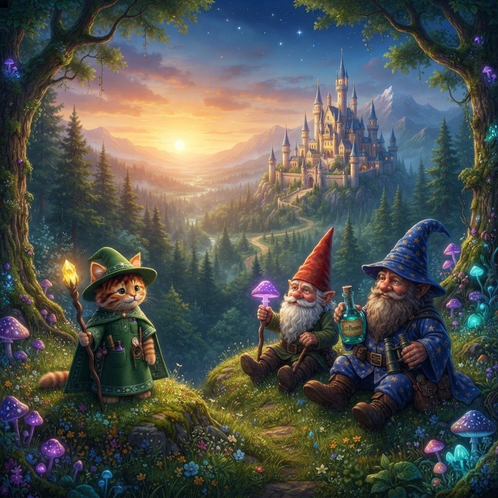 AI Design for Make these three characters sit on a hill and you're like a forest looking at like a beautiful Castle